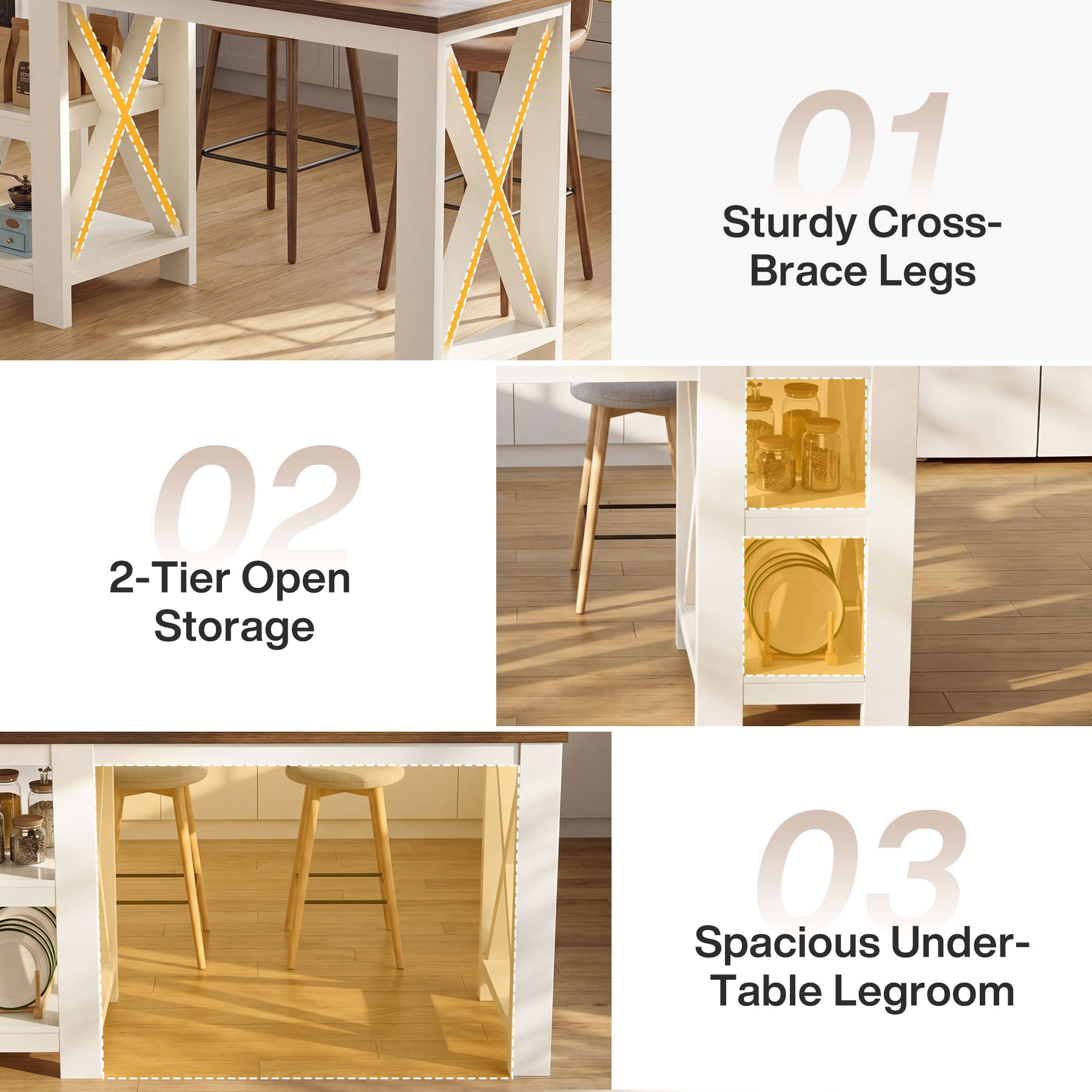 62.2" Kitchen Island, Large Counter Height Bar Table with Side Storage Shelves