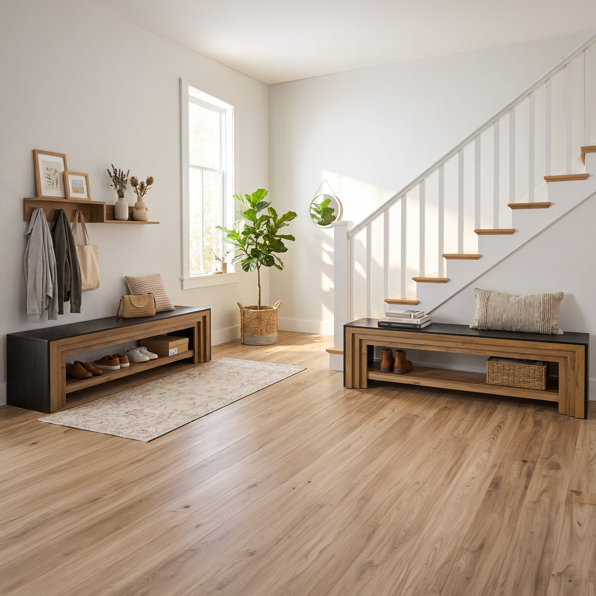 55" L-Shaped Corner Shoe Storage Bench, 2-Tier Entryway Bench with Open Shelves