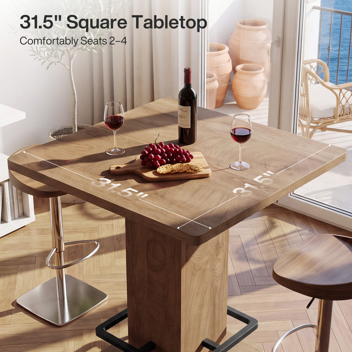 31.5" Square Bar Table, Pedestal Base & Built-in Footrest, Pub Table Home Bar Kitchen
