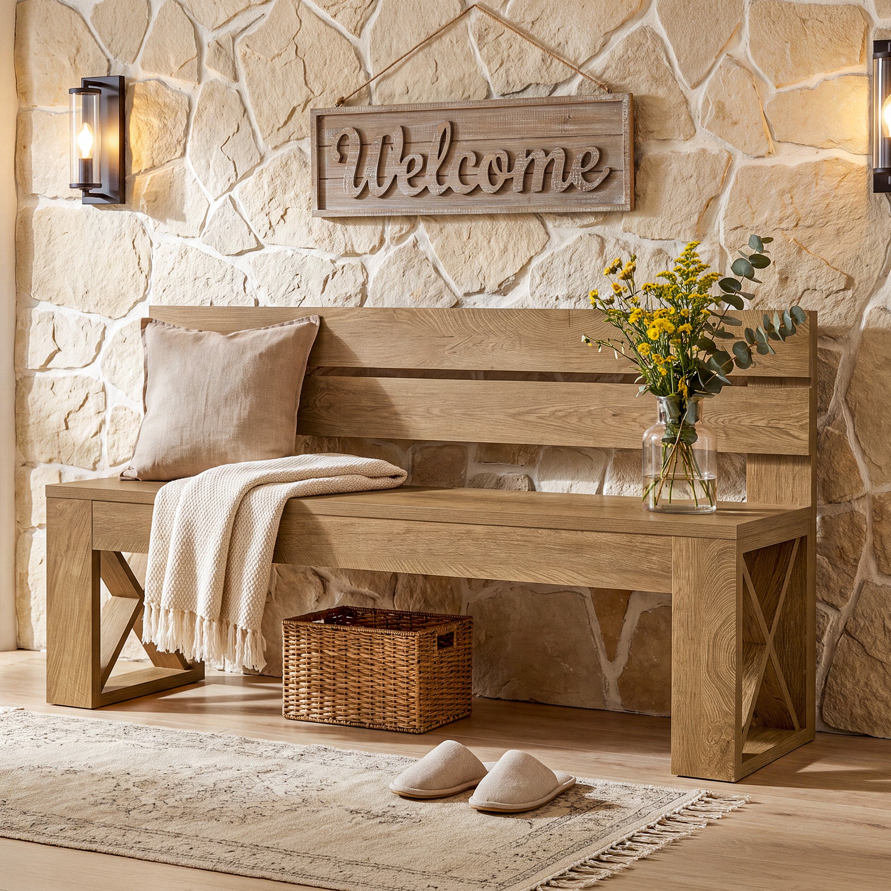 47" Entryway Bench with Back, Farmhouse Shoe Bench with X-Brace, Bedroom & Hallway