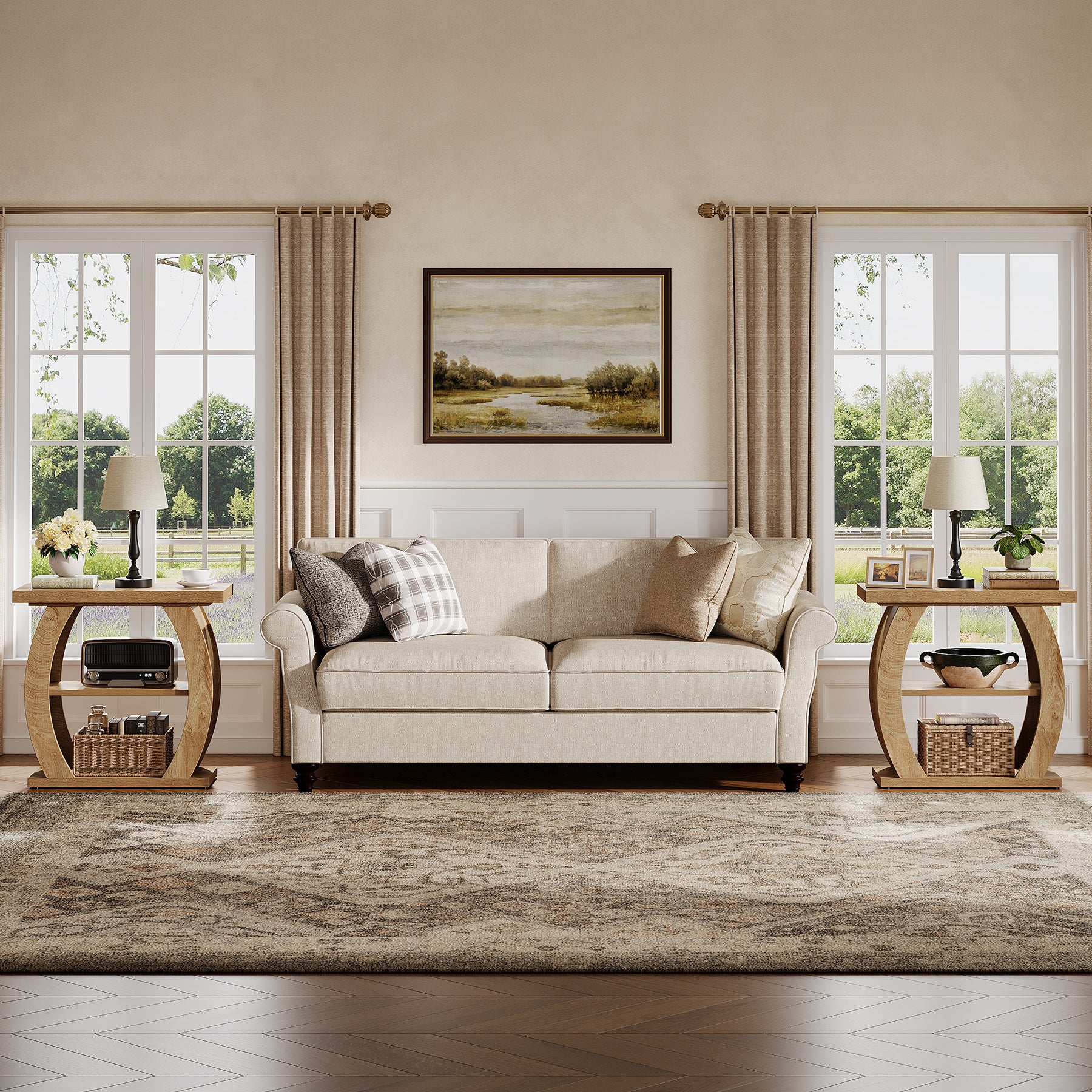 Narrow End Table, 2-Tier Farmhouse Side Table with Curved Frame