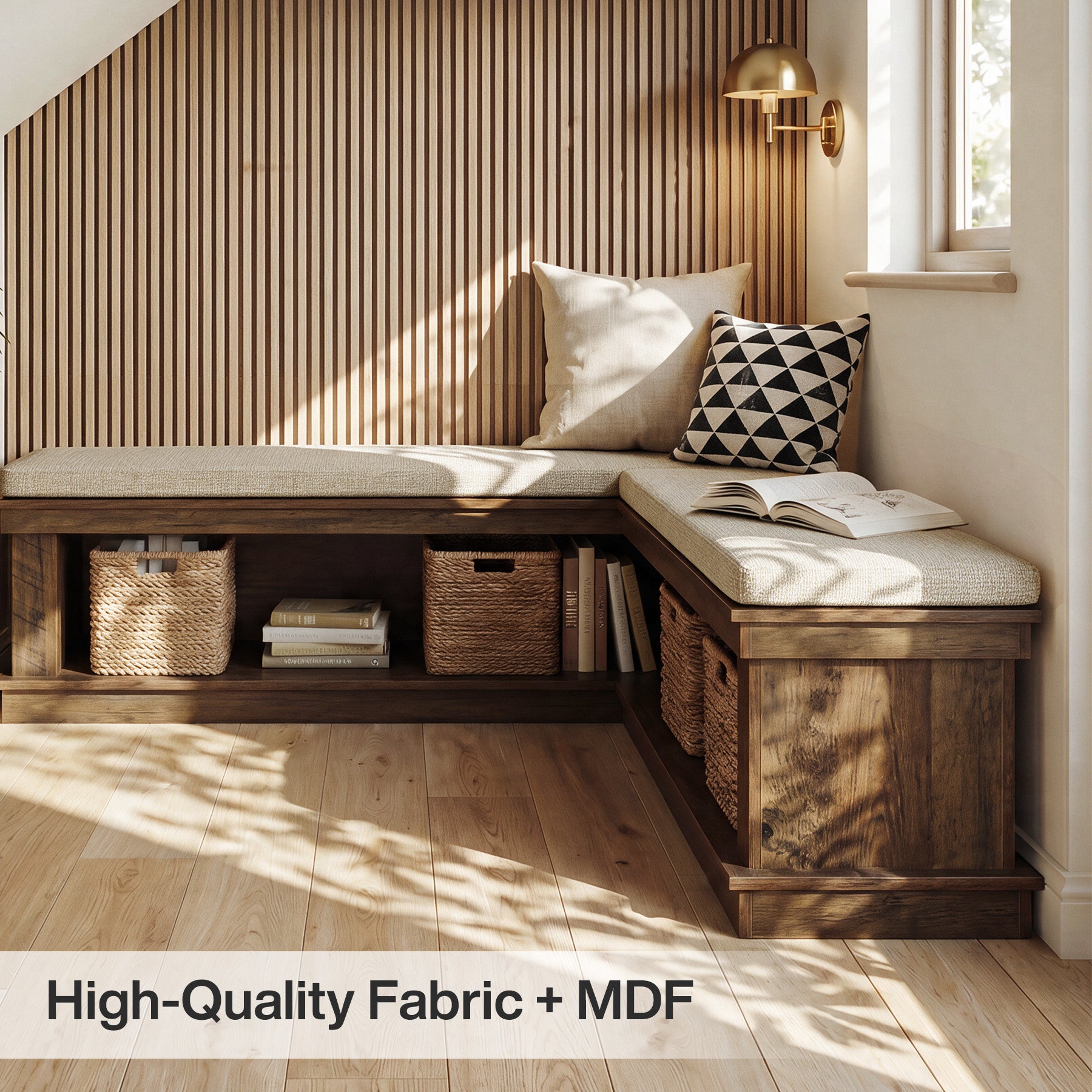 L-Shaped Storage Bench with Cushion, 63" Entryway Shoe Bench with Open Shelves