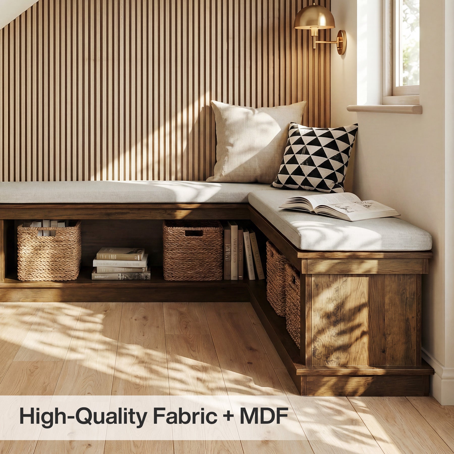 L-Shaped Storage Bench with Cushion, 63" Entryway Shoe Bench with Open Shelves