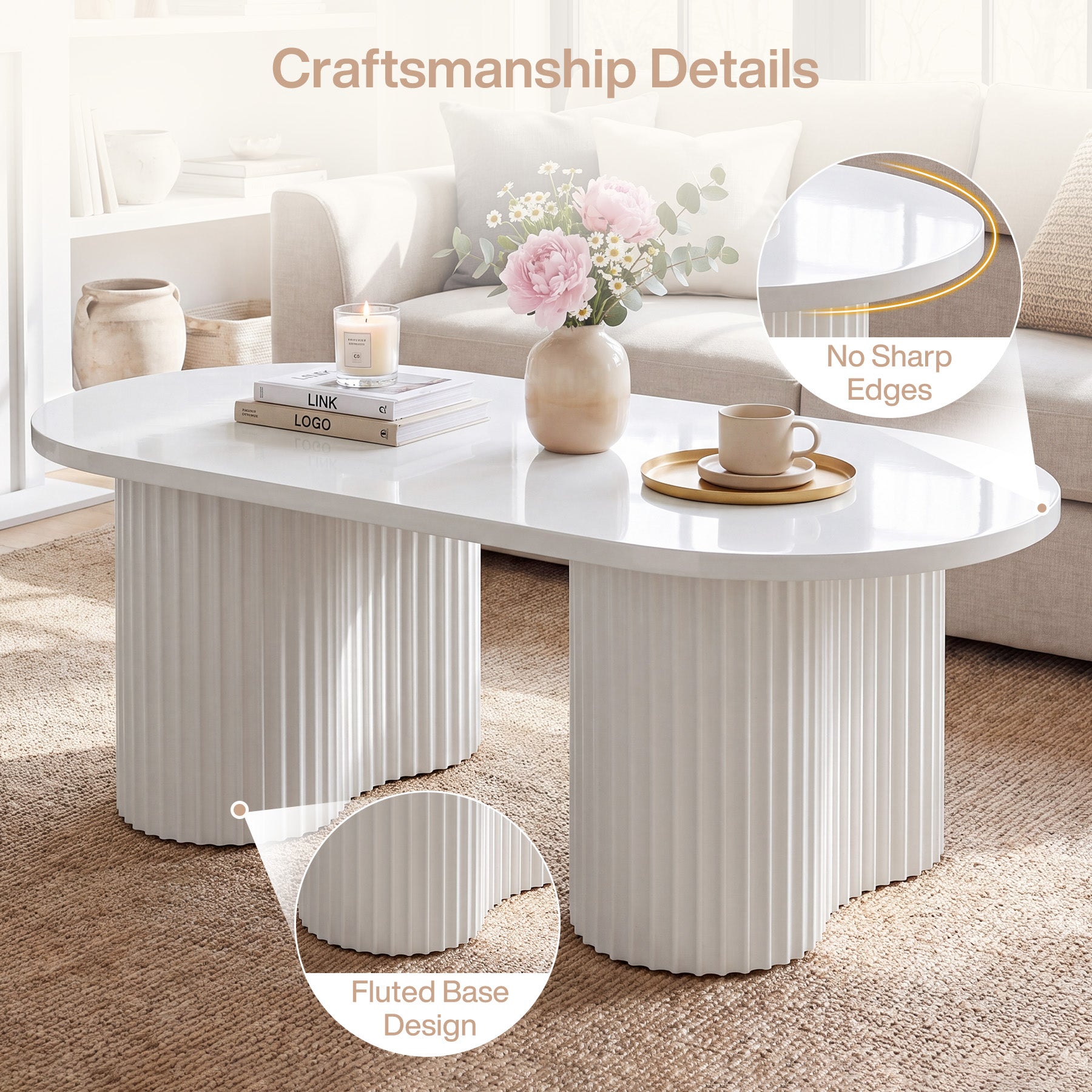 47" Oval Coffee Table with Fluted Base, Modern White Center Table for Living Room, Bedroom & Office