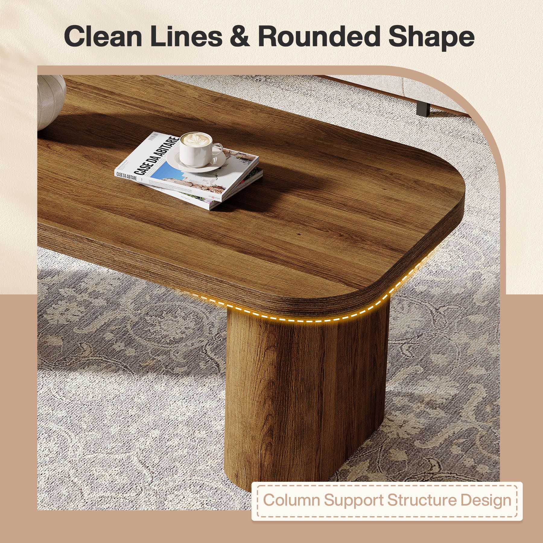 47-Inch Farmhouse Coffee Table, Rectangular Center Table with Rounded Corners and Sturdy Base