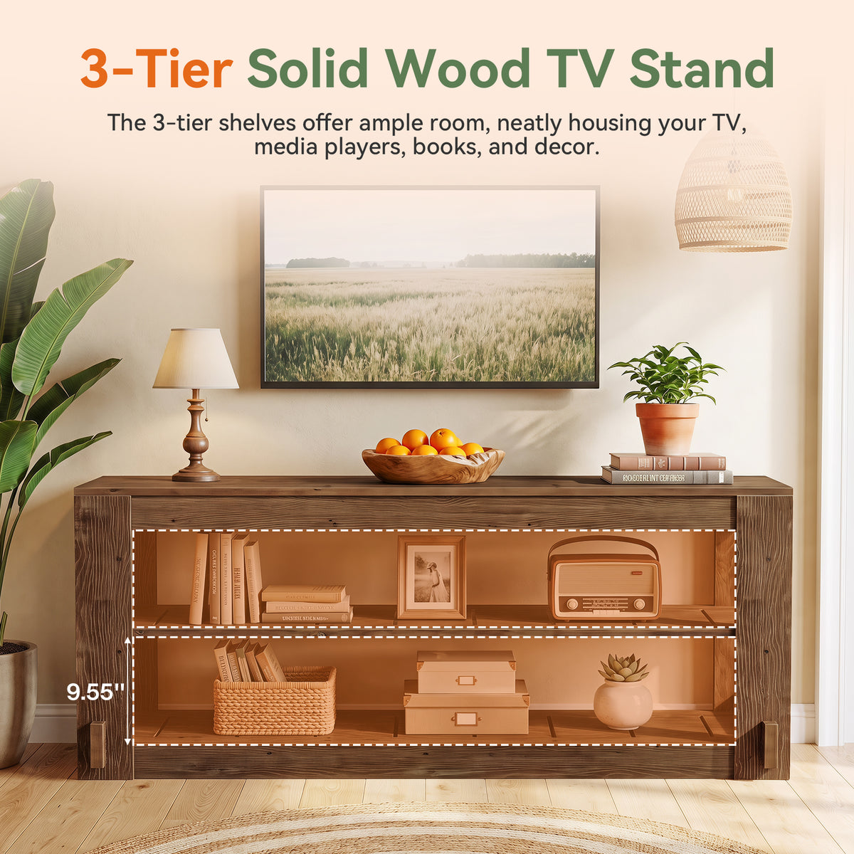 63" Solid Wood TV Stand, 3-Tier Media Entertainment Center for Living Room