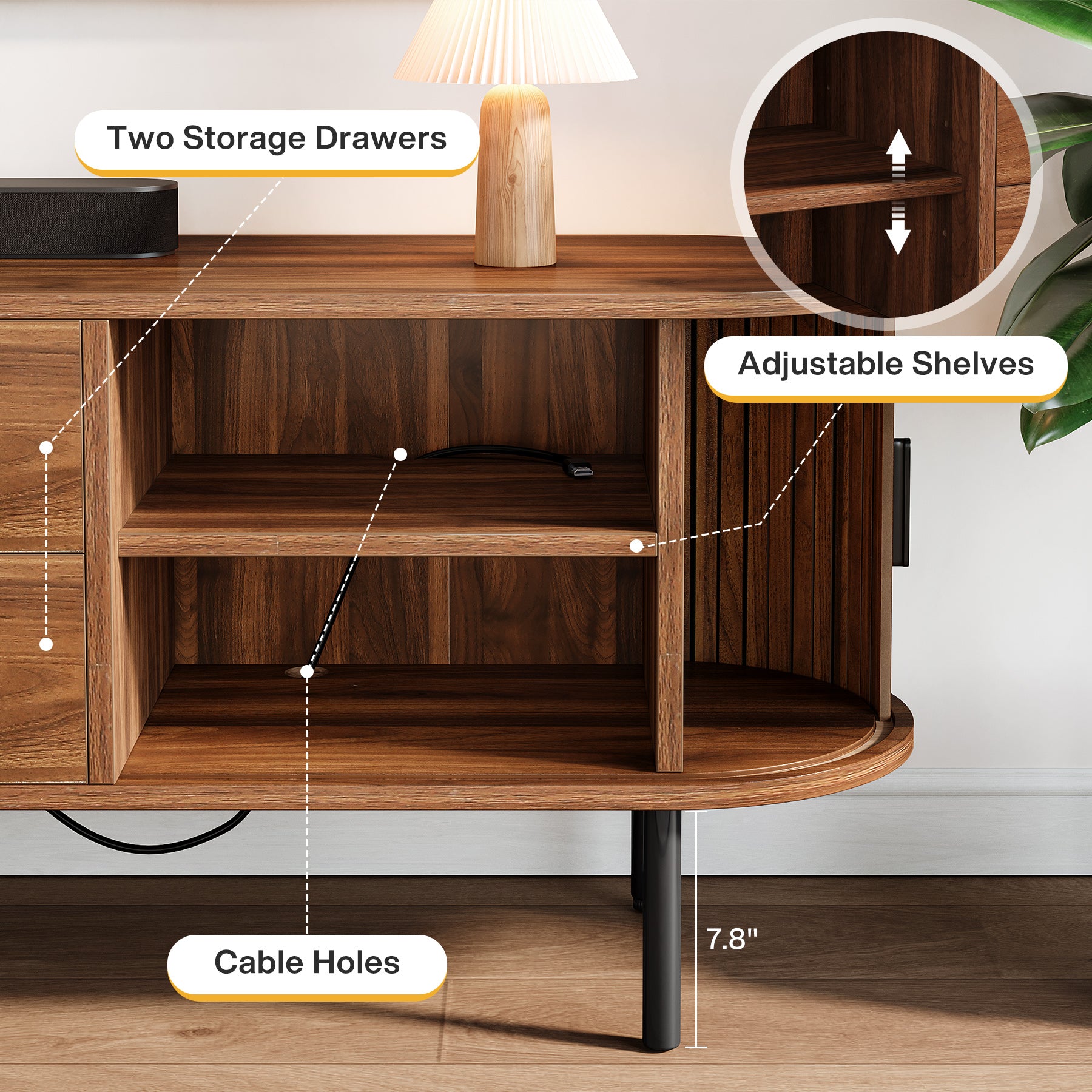 70" TV Stand, Modern Media Console with Storage and Sliding Tambour Door