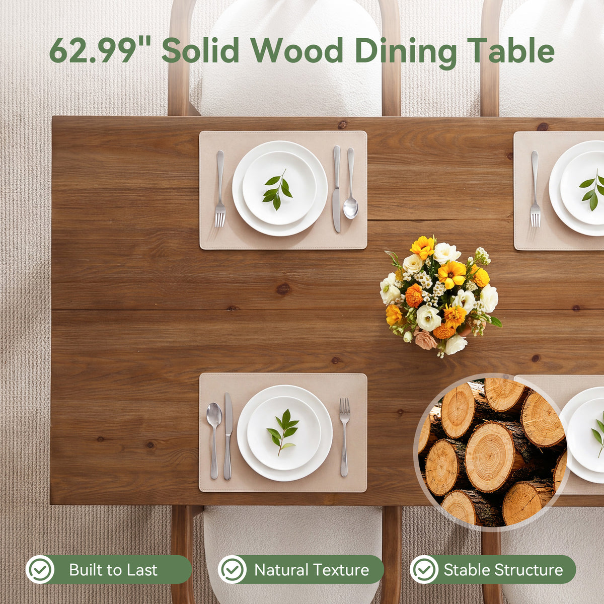 63" Farmhouse Solid Wood Dining Table for 4-6, Rectangular Kitchen Table