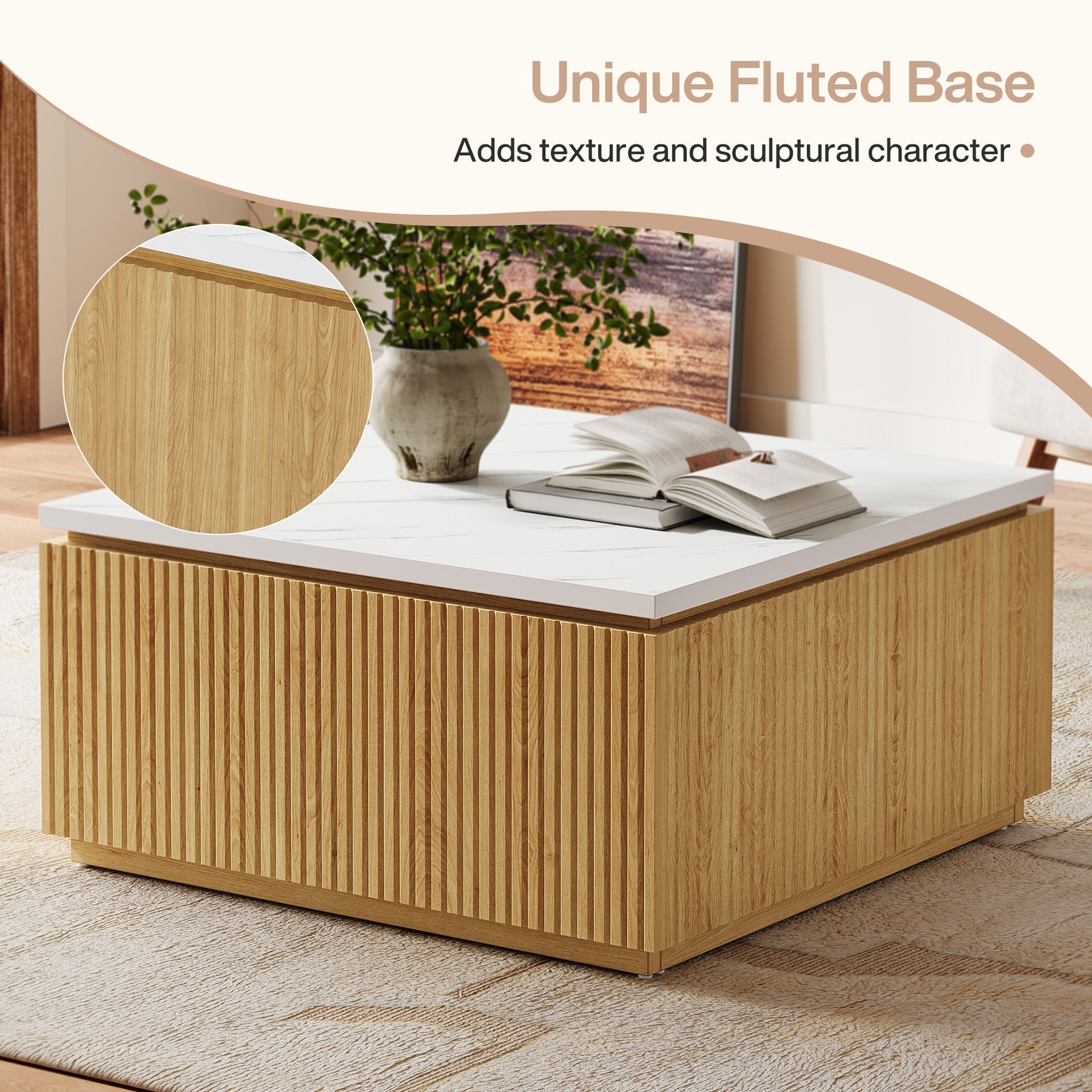 31.5" Square Coffee Table, Modern Center Table with Faux Marble Top