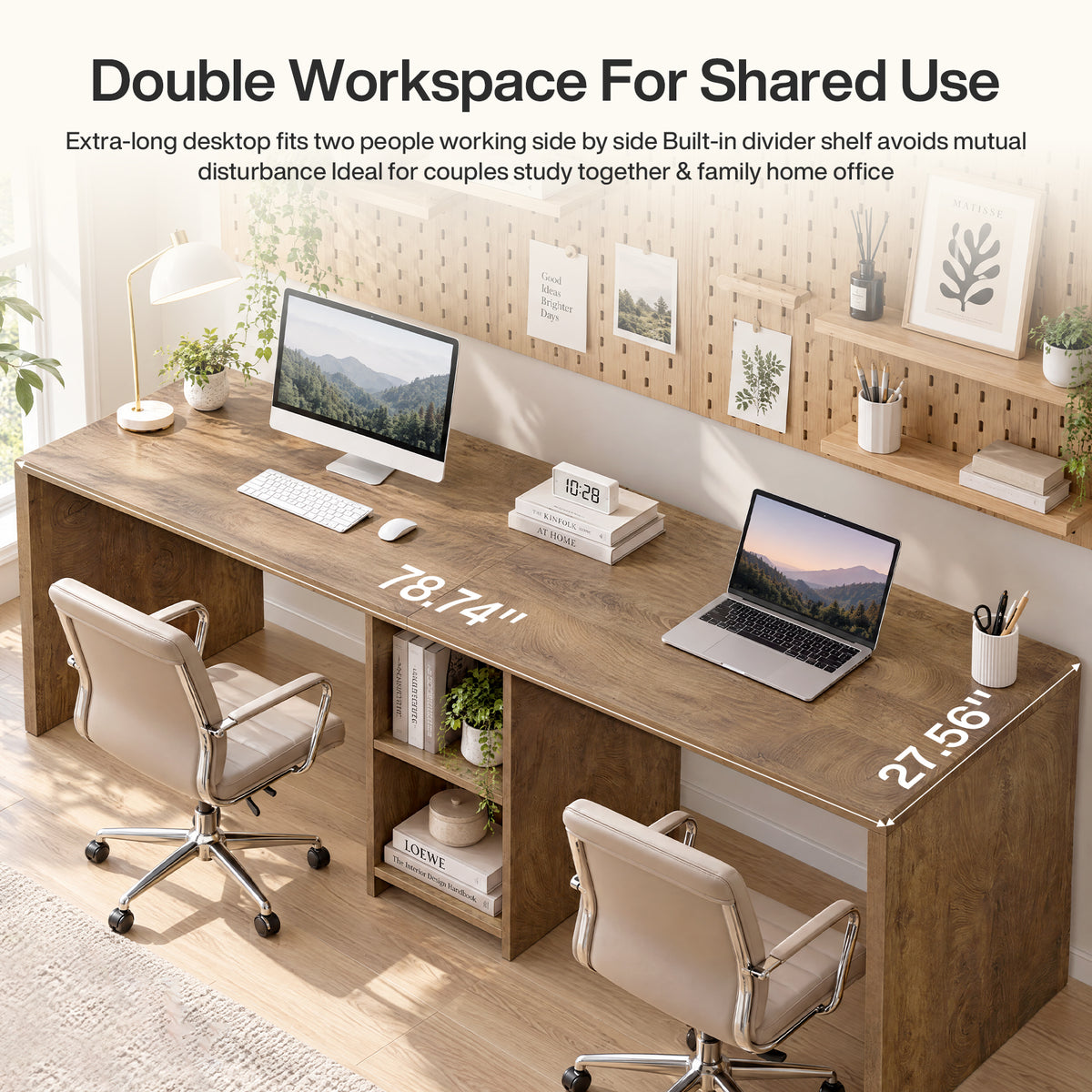 79" Double Desk for 2, Long Two Person Computer Desk with Shelves, Home Office