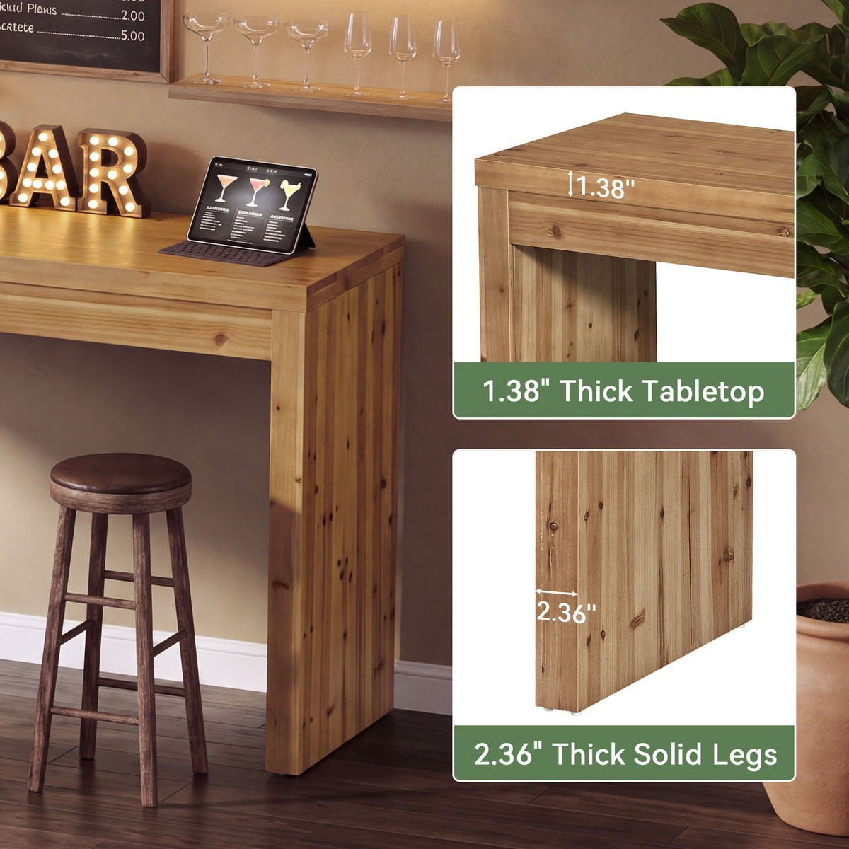 63" x 47" L-Shaped Solid Wood Bar Table, Counter Height with 2.4" Thick Panel Legs