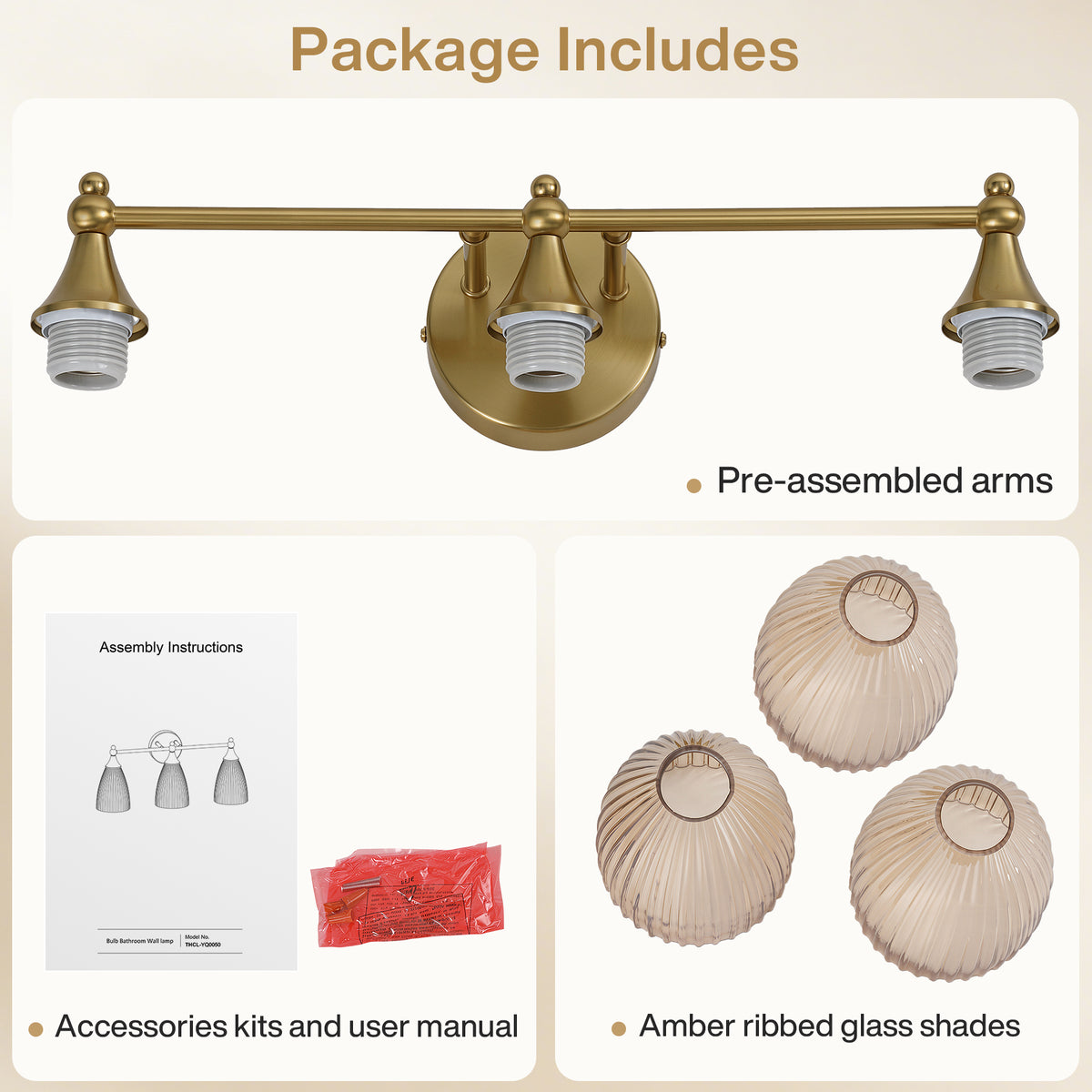3-Light 22" Bathroom Vanity Light, Brushed Brass Wall Sconce with Amber Glass