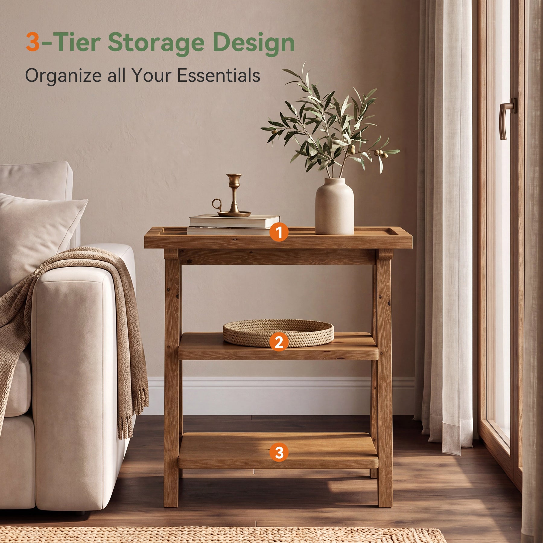 Solid Wood End Table, 3-Tier Side Table Farmhouse Accent Table for Small Spaces