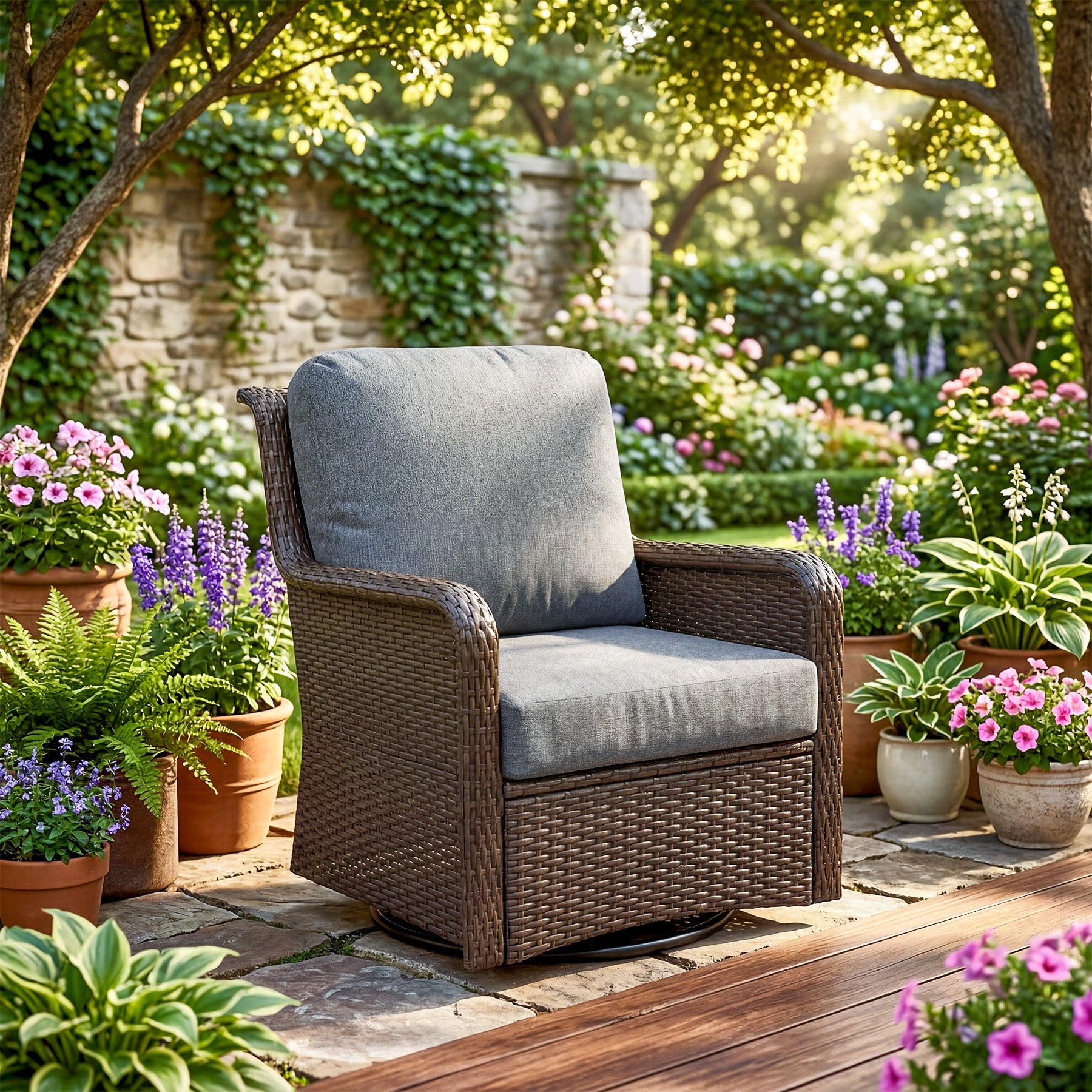 29.53" Outdoor Wicker Swivel Chair, Patio Rattan Rocking Chair with Thick Gray Cushions