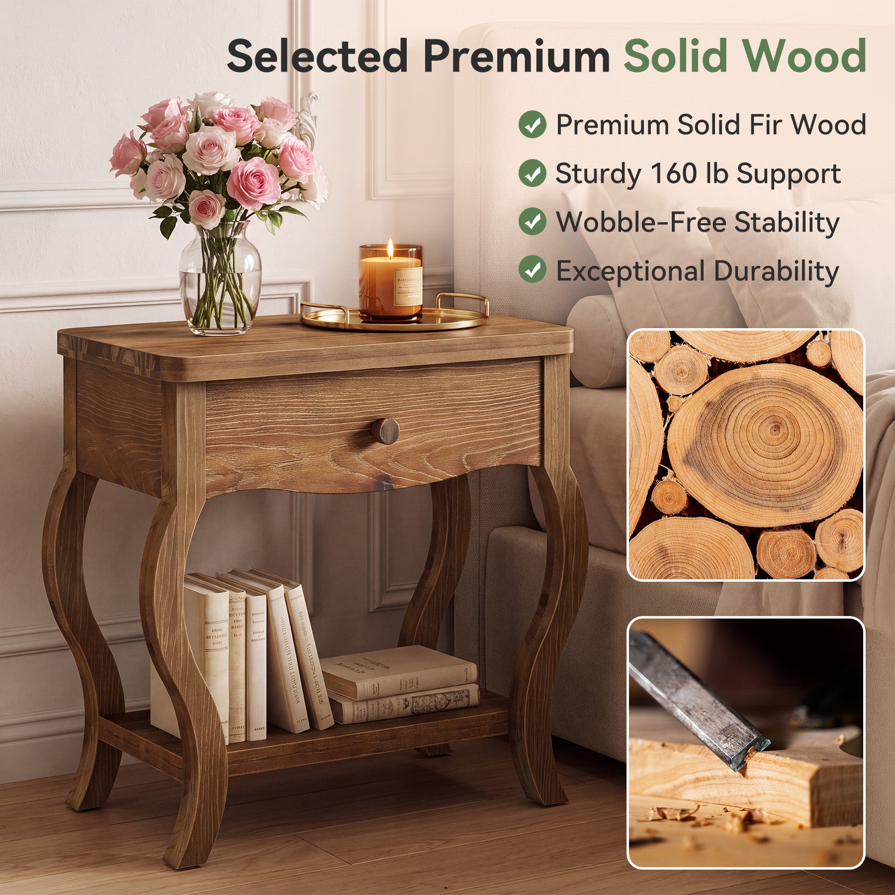 Rustic Solid Wood Nightstand, Drawer & Shelf, 24"W Bedside Table, Bedroom