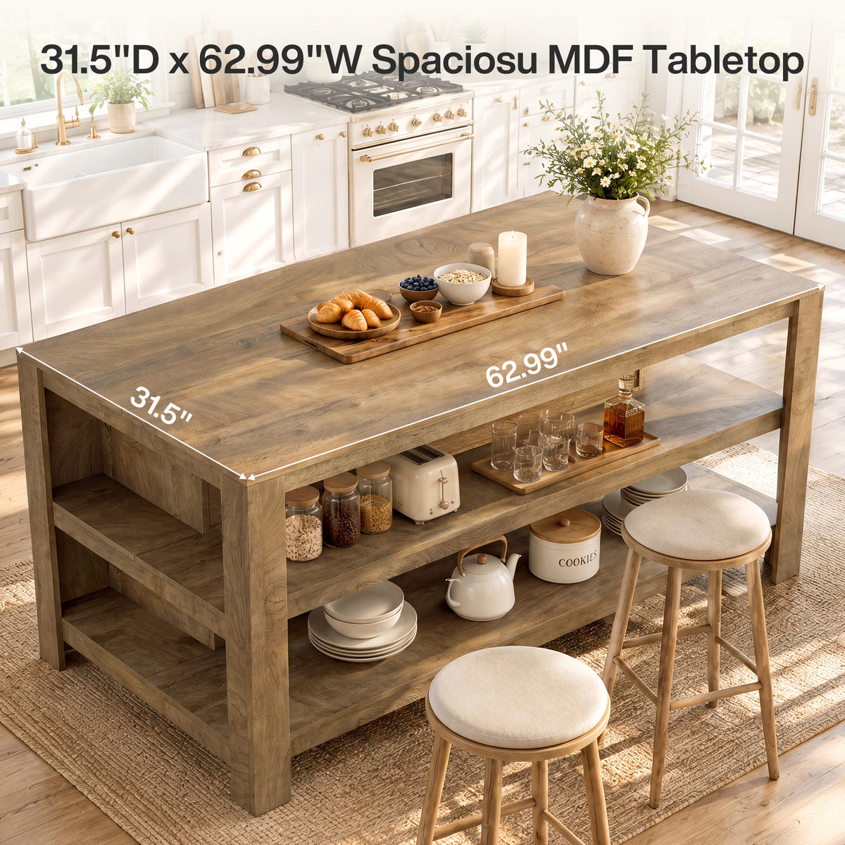 63" Kitchen Island, 2-Tier Counter Height Bar Table with Storage for Kitchen, Dining Room
