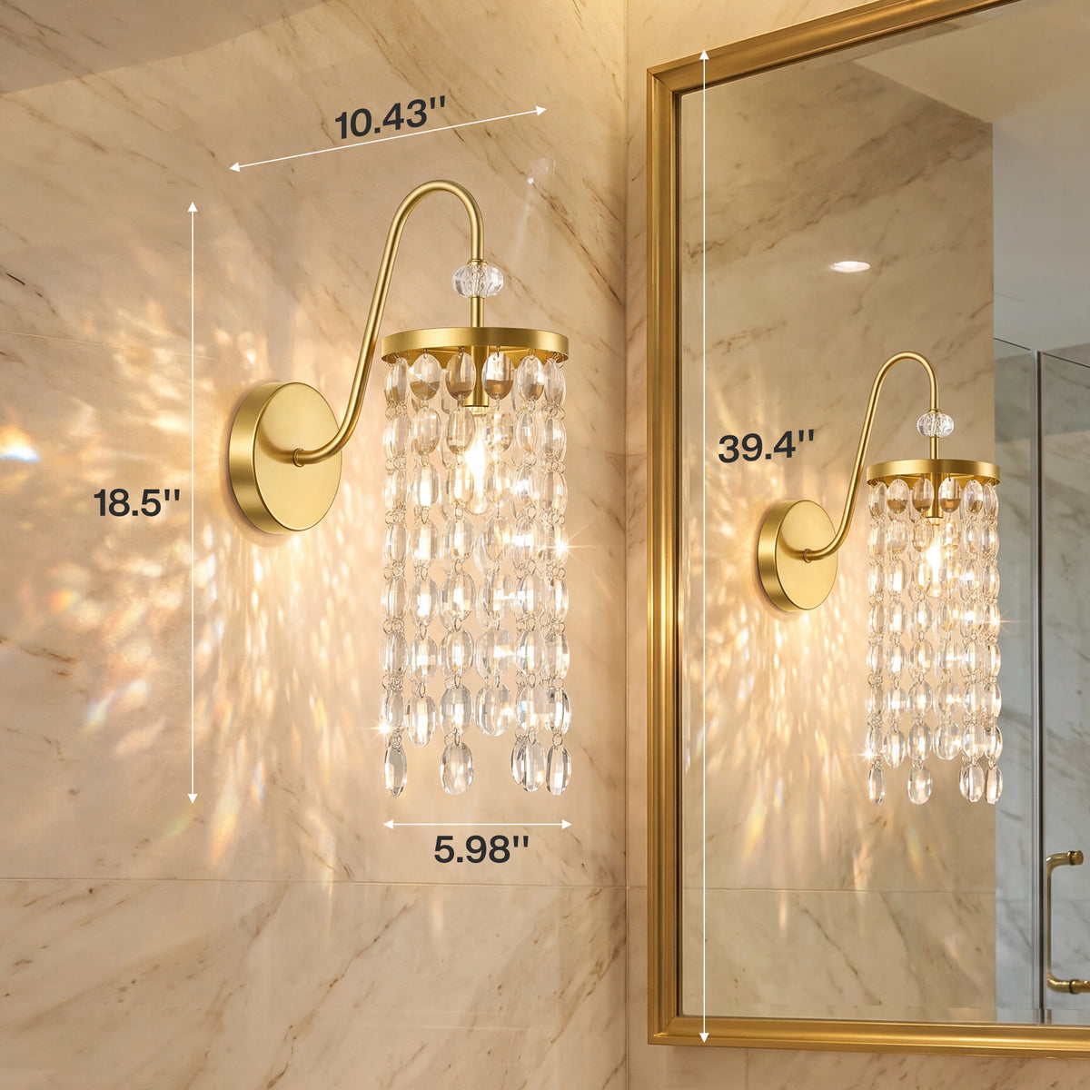 18.5" Gold Wall Sconce, Crystal Wall Light with E12 Socket