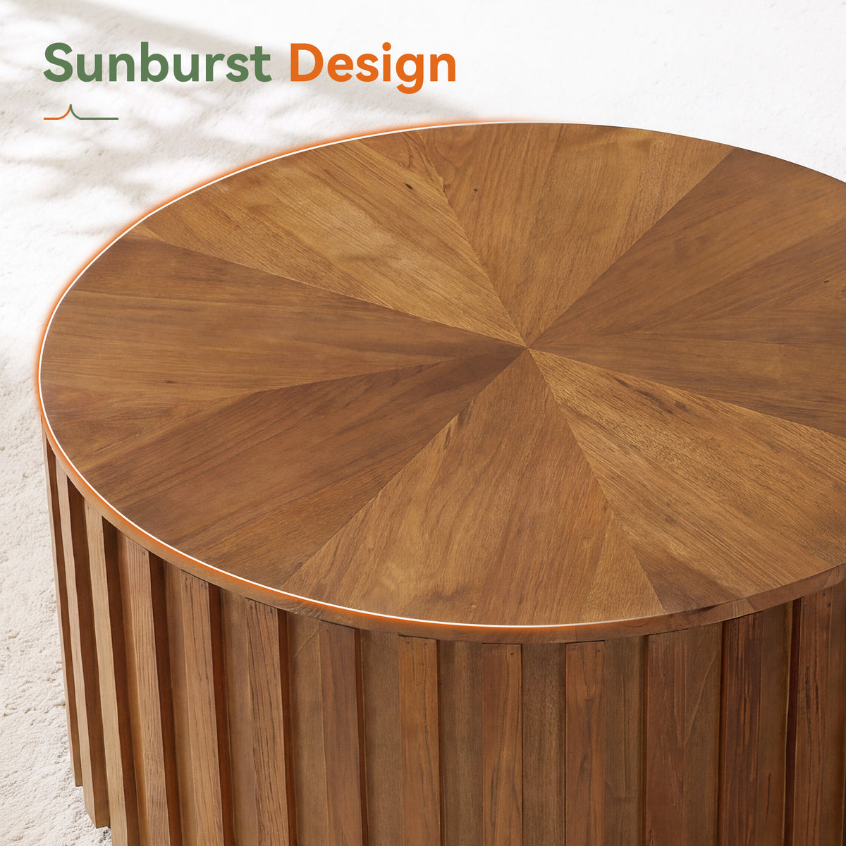 Solid Wood Round Coffee Table, 31.5" Fluted Drum Tea Table with Hidden Storage, No Assembly