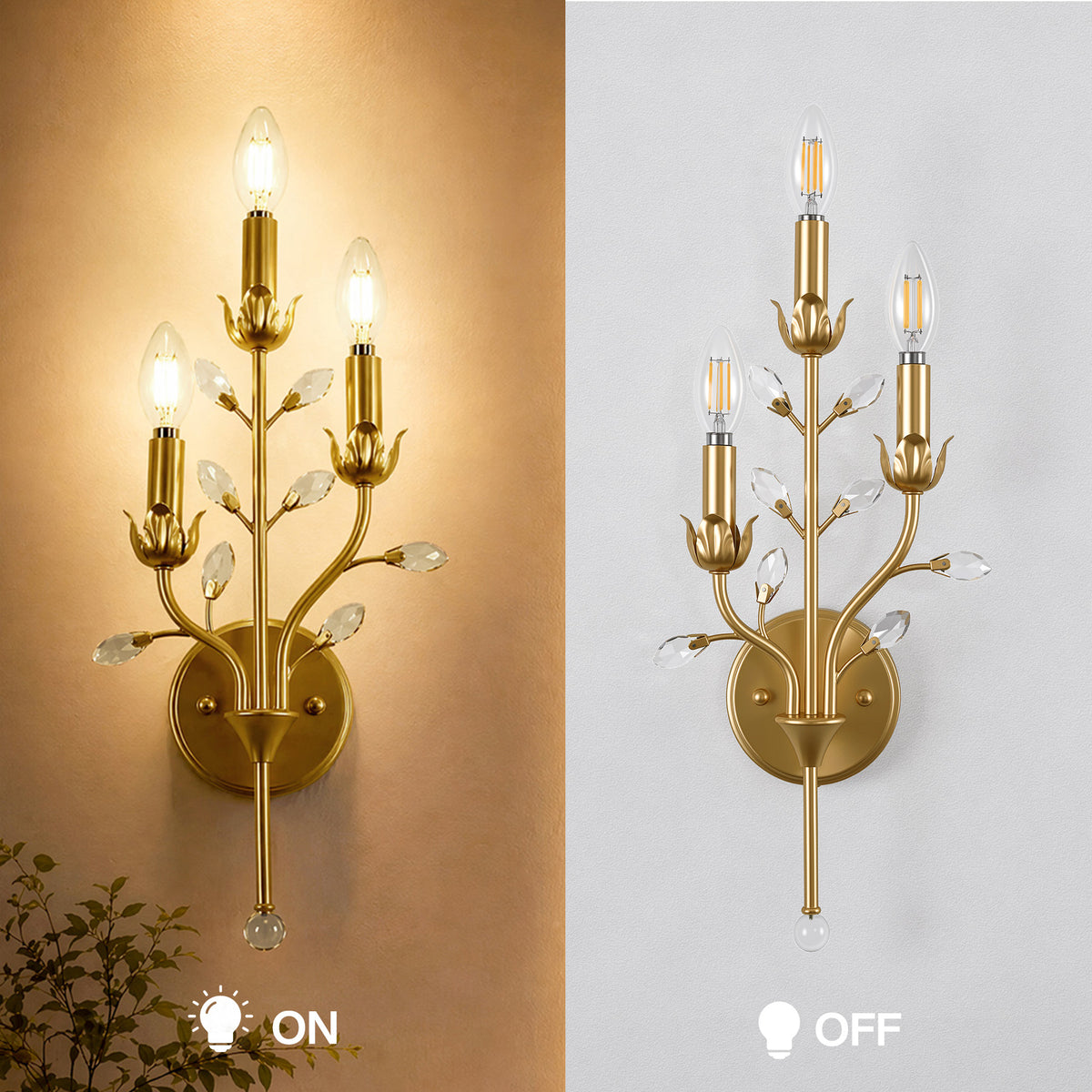3-Light Gold Crystal Wall Sconce, Floral Vine Candle Wall Light