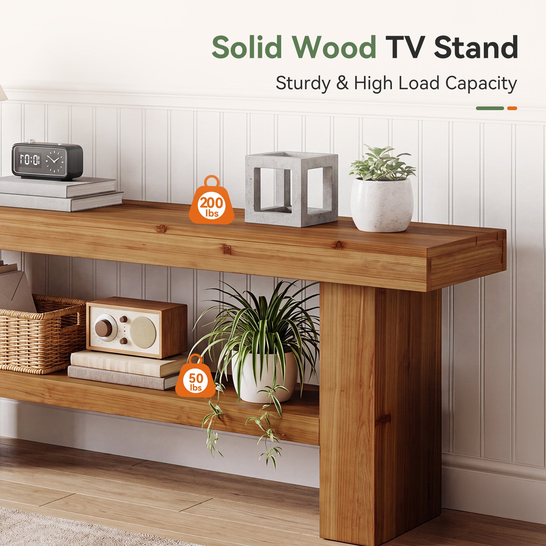 63" Solid Wood TV Stand for TVs up to 75", Entertainment Center with 2-Tier Shelves for Living Room