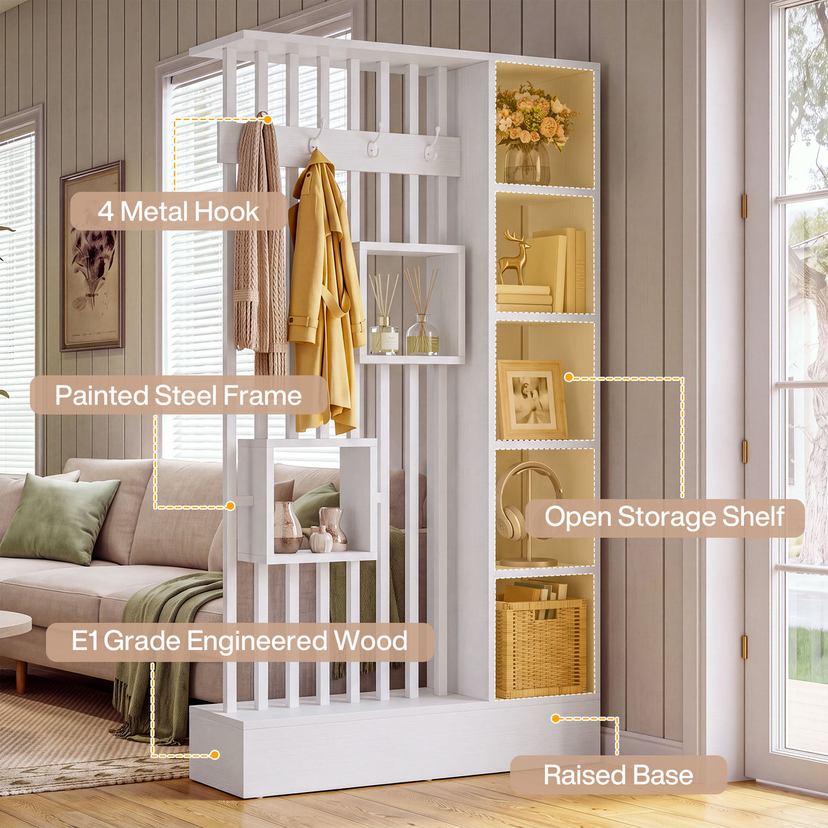 71" Room Divider with Shelves, Modern Wall Partition with Coat Hooks & Open Display Shelf