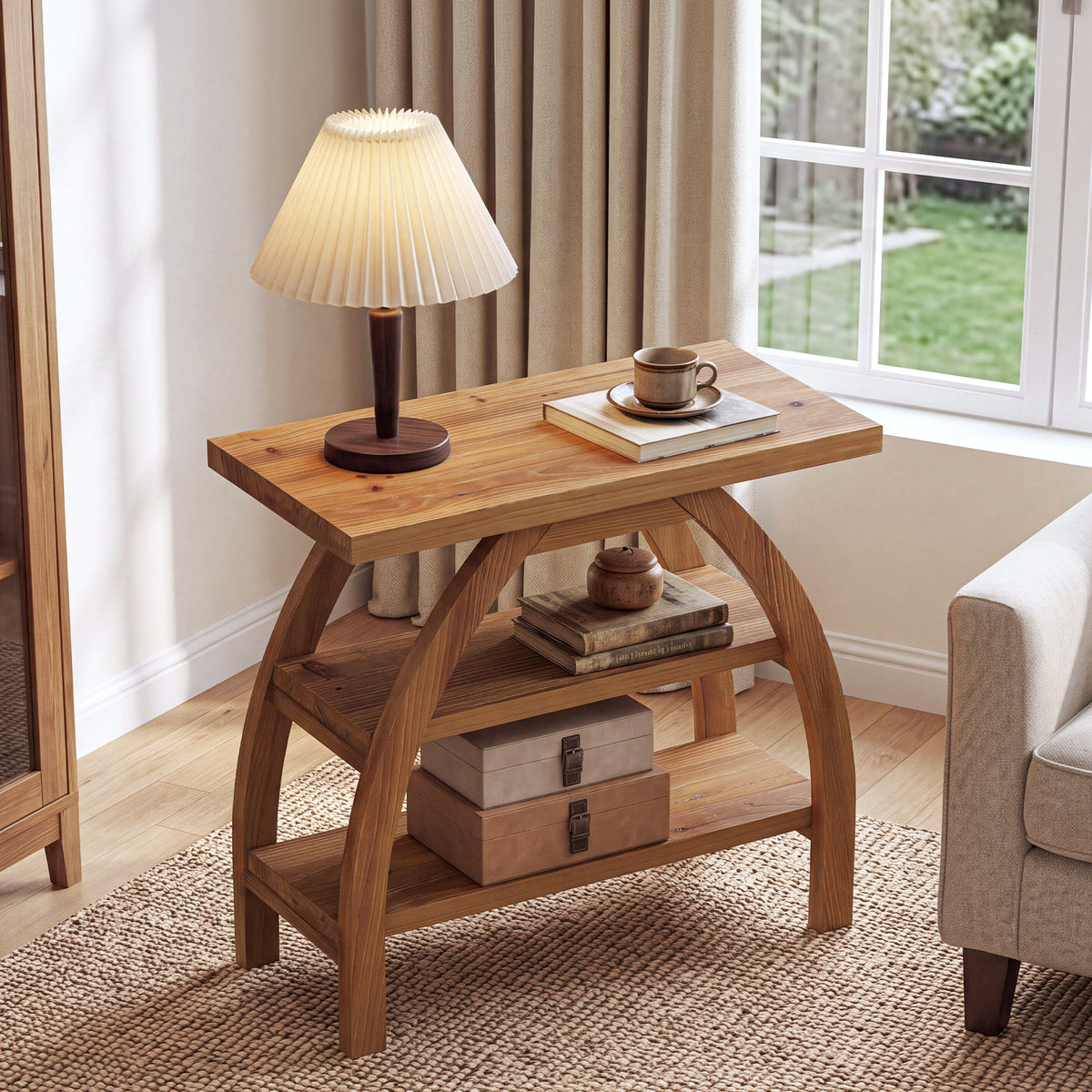 23.6" Solid Wood End Table, 3-Tier Farmhouse Side Table with Arched Leg Design