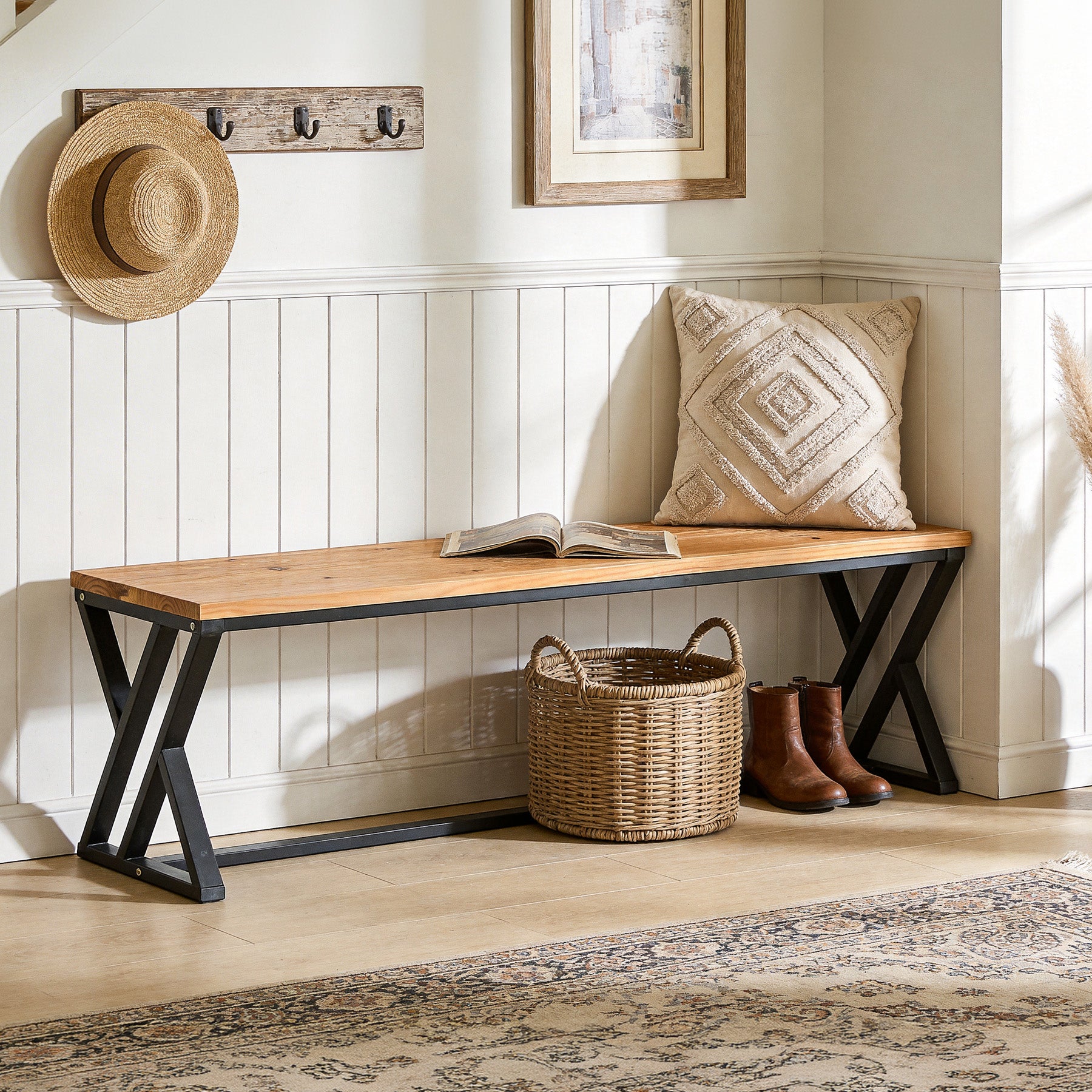 55" Long Entryway Bench, Solid Wood End of Bed Bench with Metal Legs