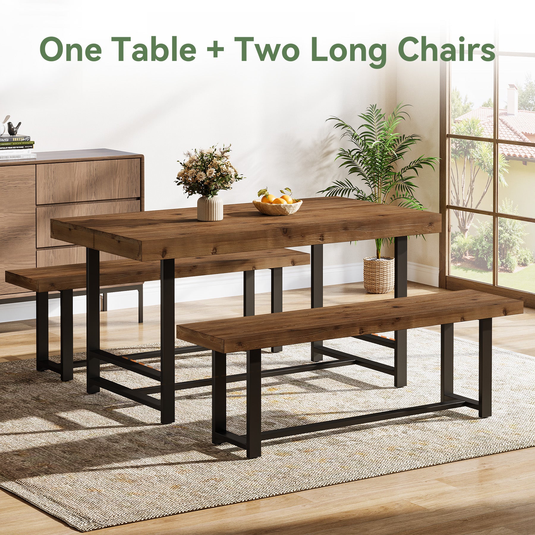 55" Dining Table Set, Solid Wood 3-Piece Rectangle Dinette Set with 2 Benches