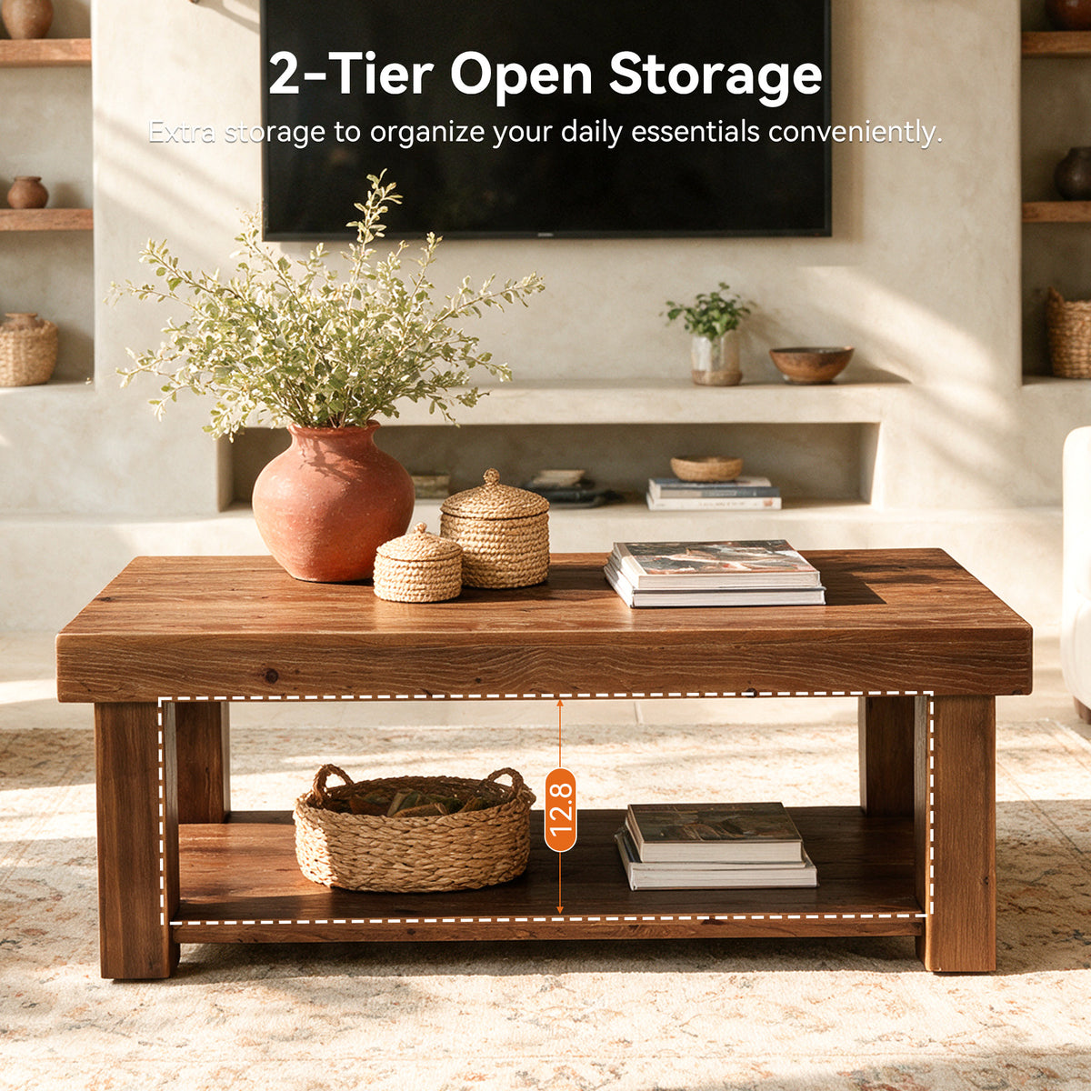 55" Modern Farmhouse Solid Wood Coffee Table, Rectangular with 2-Tier Storage