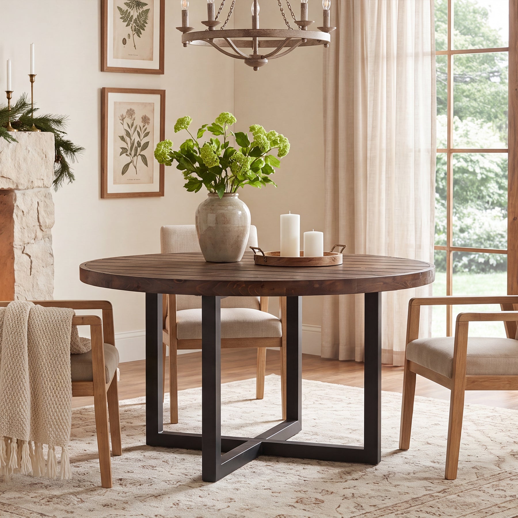 47" Round Dining Table, Solid Wood Kitchen Table with Metal Cross Base for 4-6