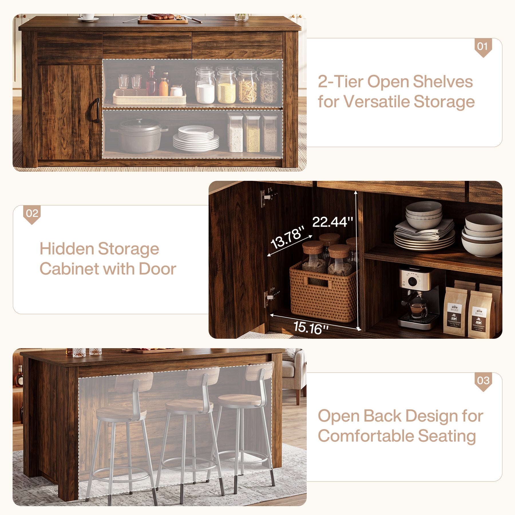 70.87" Kitchen Island with 3 Drawers, Cabinet and Open Shelves