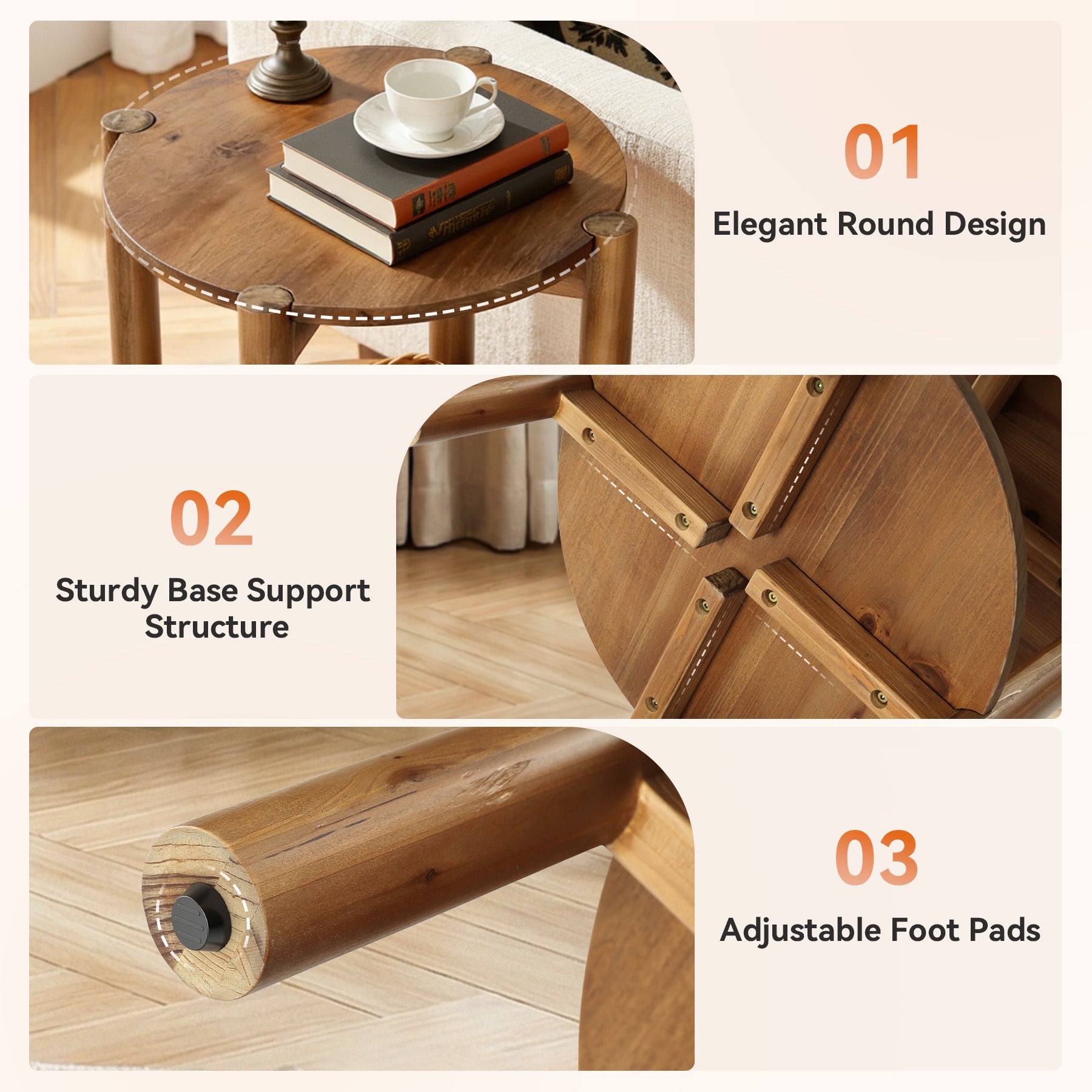 Solid Wood Round End Table, 2-Tier Small Side Table with Storage Shelf