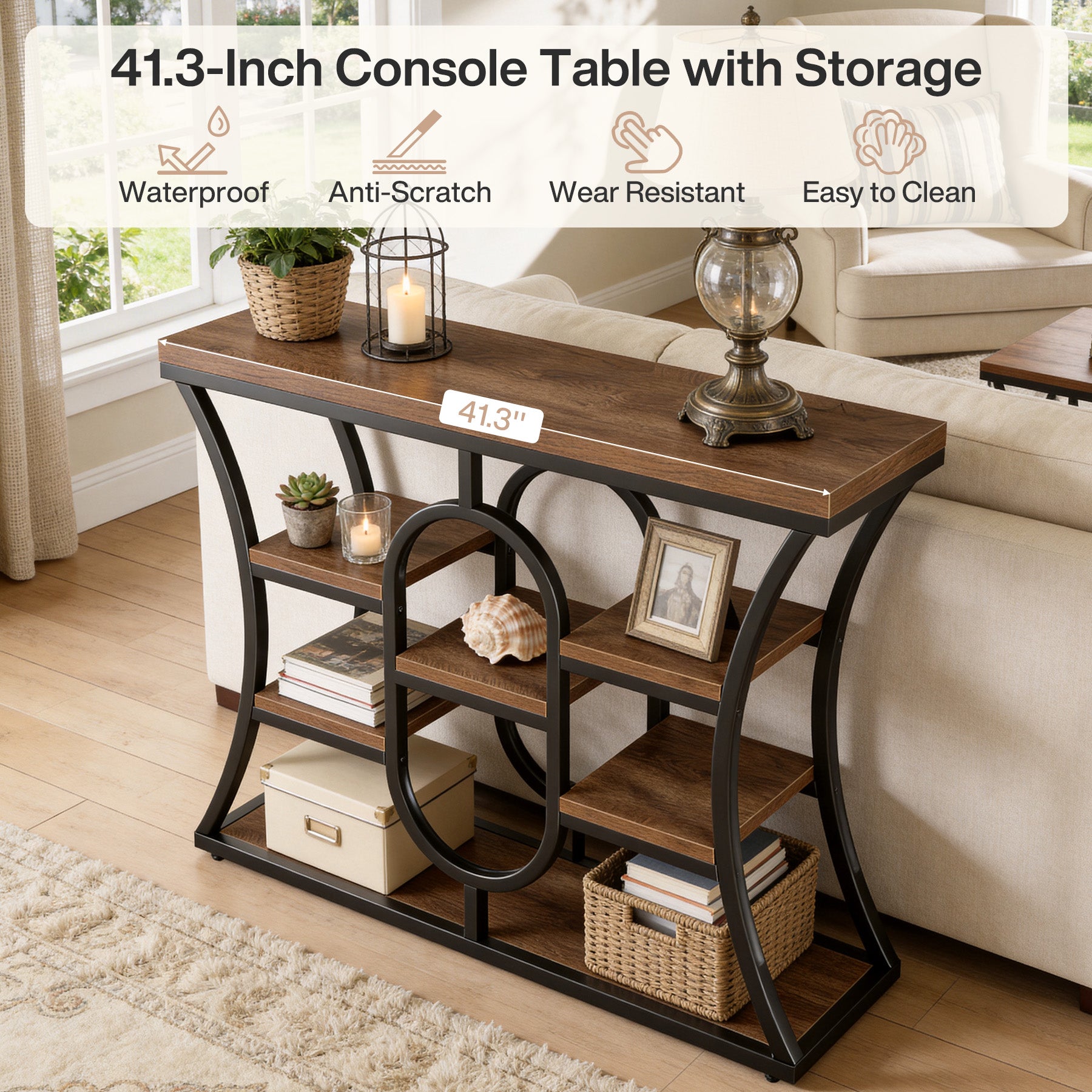 41.3" Industrial Console Table with 5-Tier Shelves, Narrow Entryway Sofa Table for Small Spaces