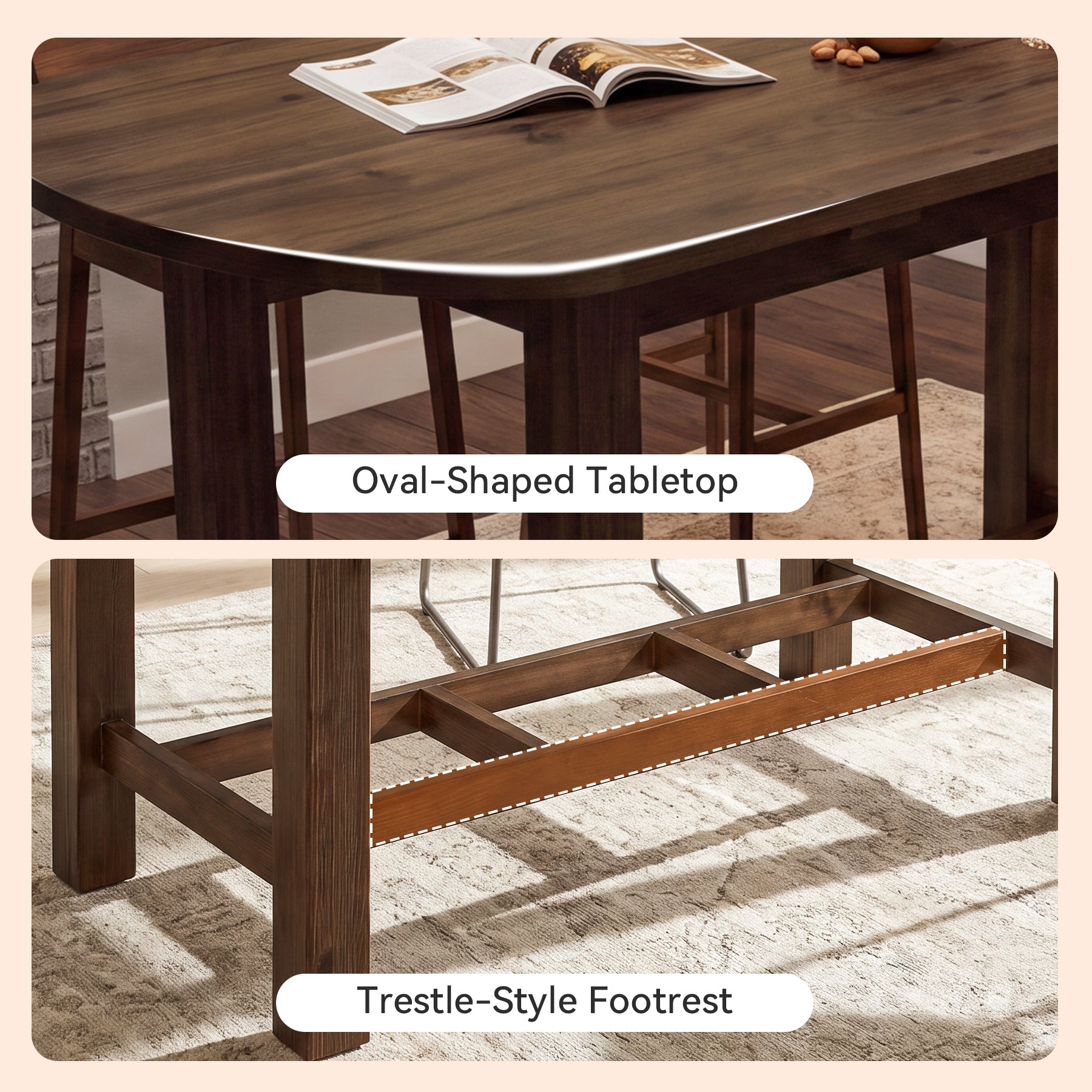 63" Solid Wood Bar Table, Oval Counter Height Pub Table with Footrest