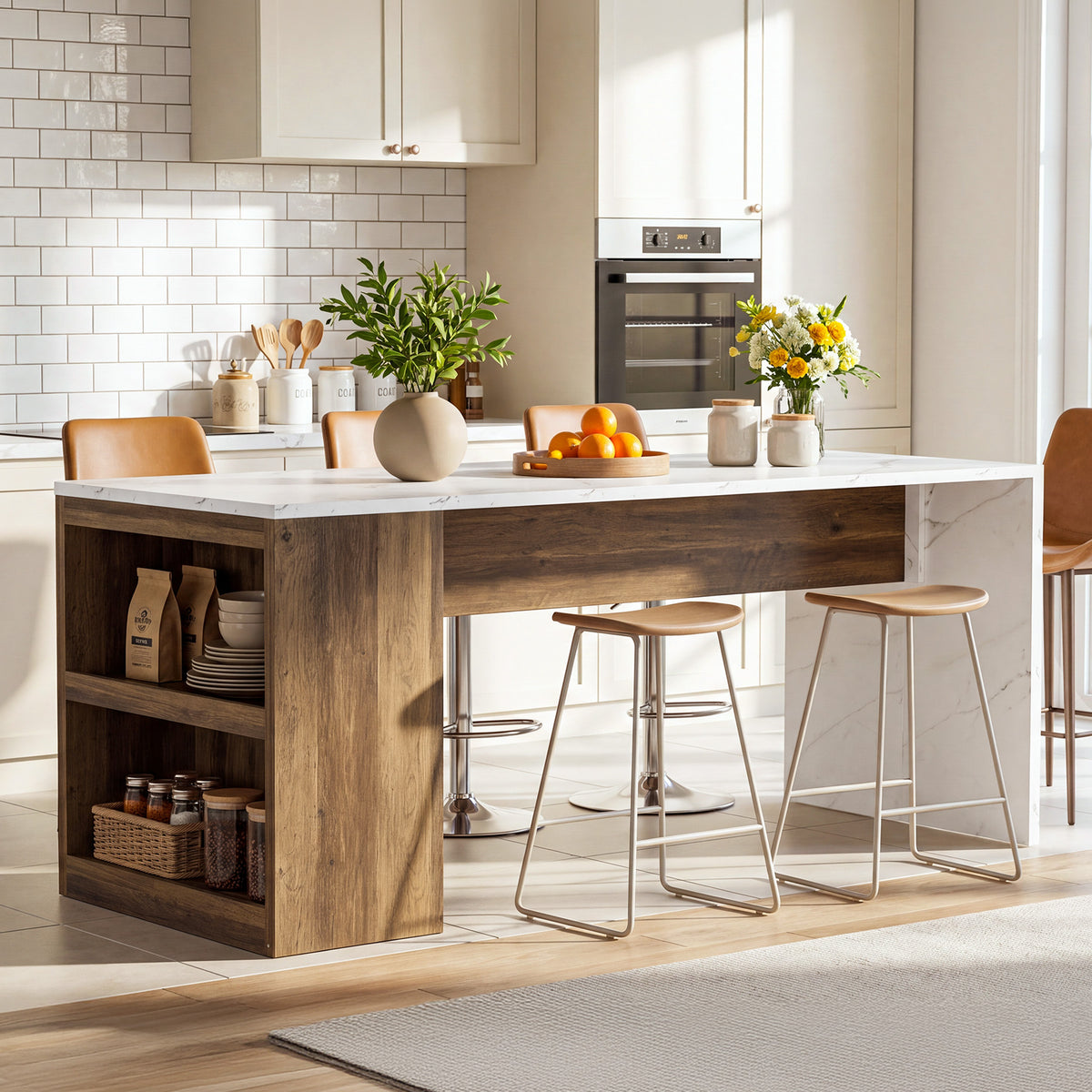 71" Kitchen Island with Storage Shelves, Farmhouse Island Table for Kitchen