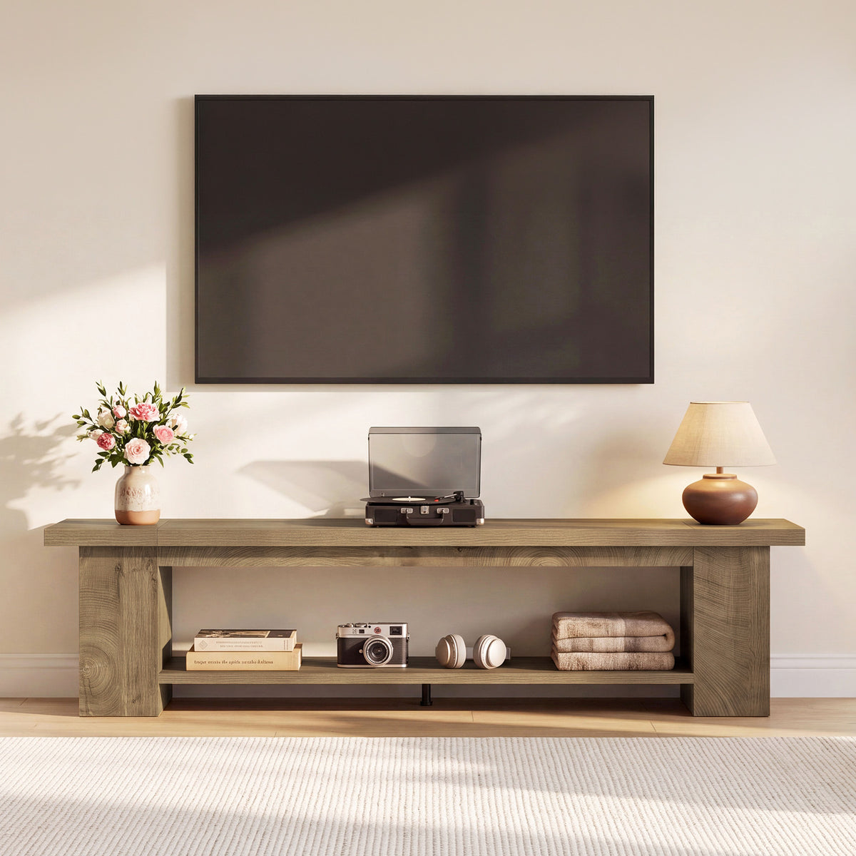 86.6" TV Stand, 2-Tier Farmhouse TV Console with Storage Shelves For TVs Up to 80"