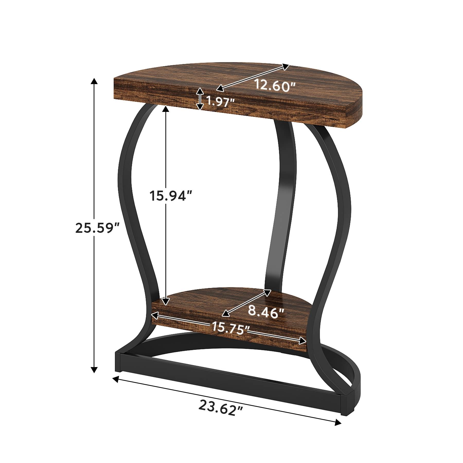 Half-Round End Table, Side Table with 2-Tier Shelves