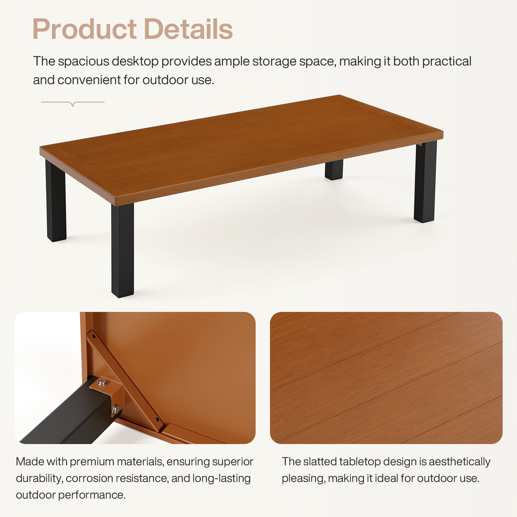 Rectangular Outdoor Coffee Table, 47" Patio Tea Table with Aluminum Frame