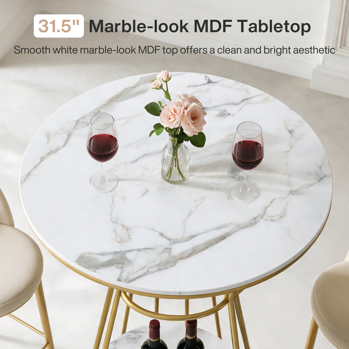31.5" Marble-Look Round Bar Table, Modern Counter Height Table with Storage Shelf