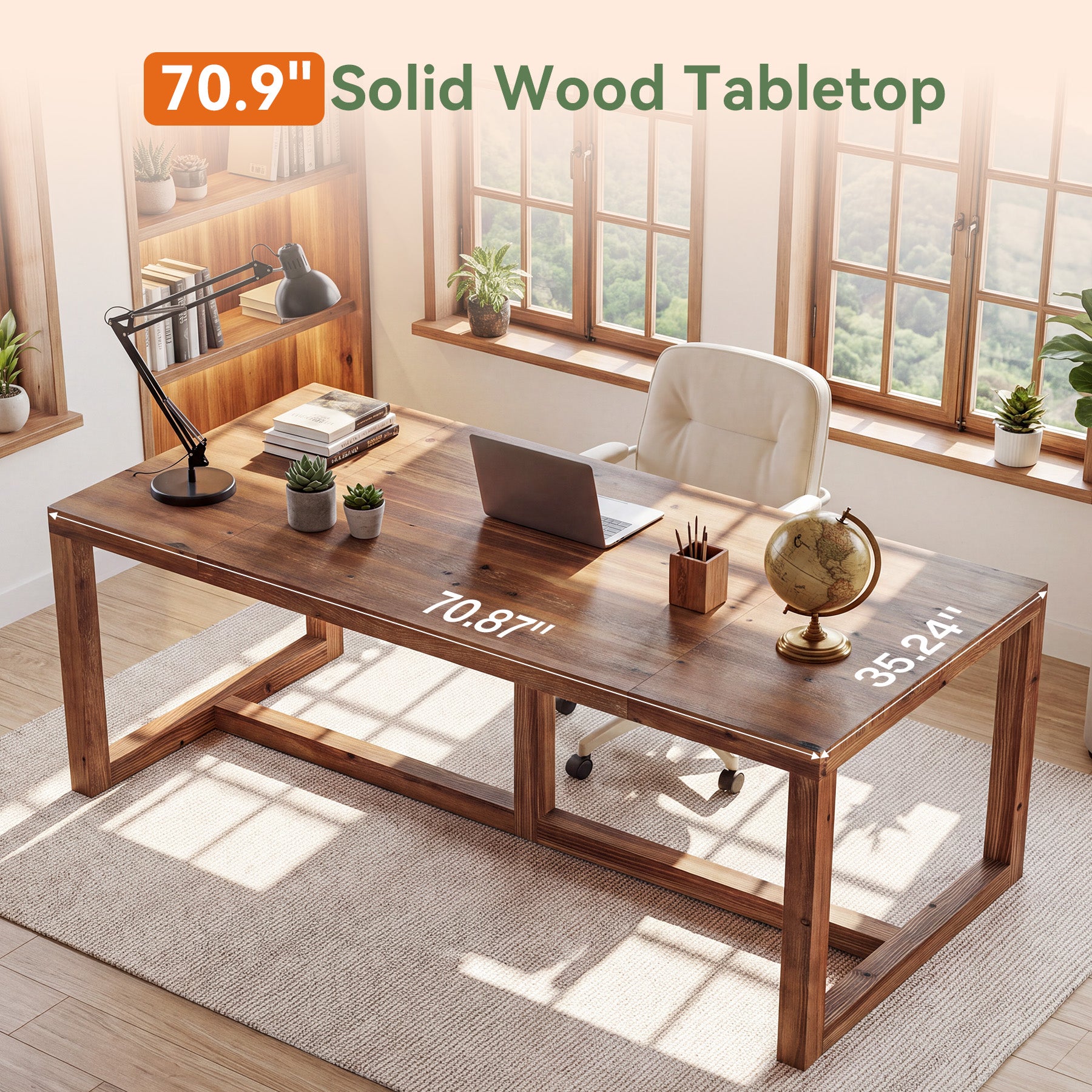 71" Farmhouse Executive Desk, Solid Wood Large Computer Workstation, Home Office