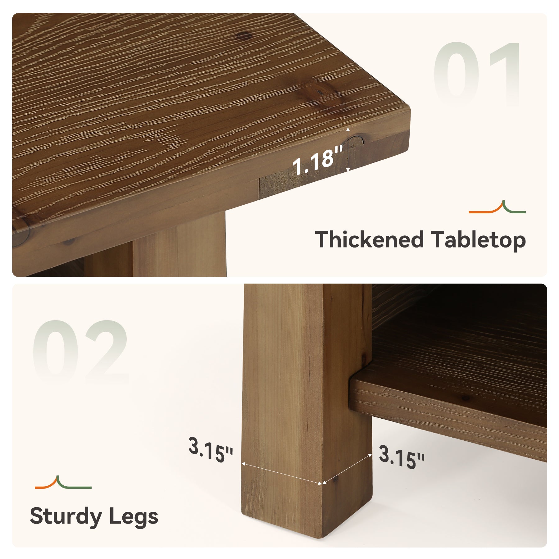 31.5" Solid Wood Coffee Table, Farmhouse 2-Tier Wooden Square Center Table