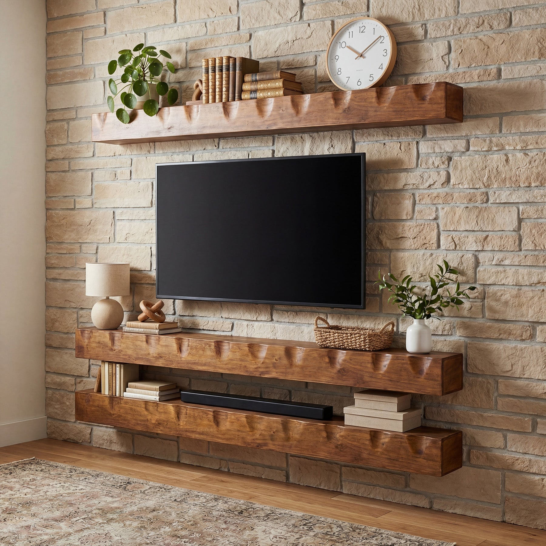 Solid Wood Floating TV Stand, 63" Wall Media Shelf for TVs Up to 75"