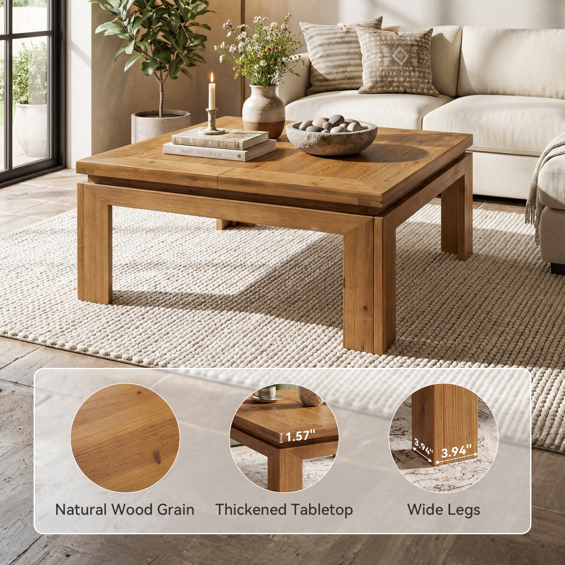 Tribesigns 39.4-Inch Square Coffee Table, Solid Wood Living Room Table