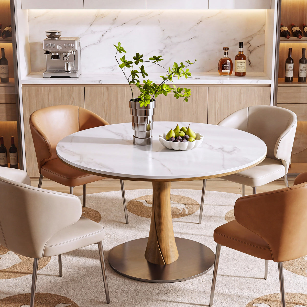 35" Round Dining Table for 2-4, Sintered Stone Top, Rubberwood Pillar & Steel Base