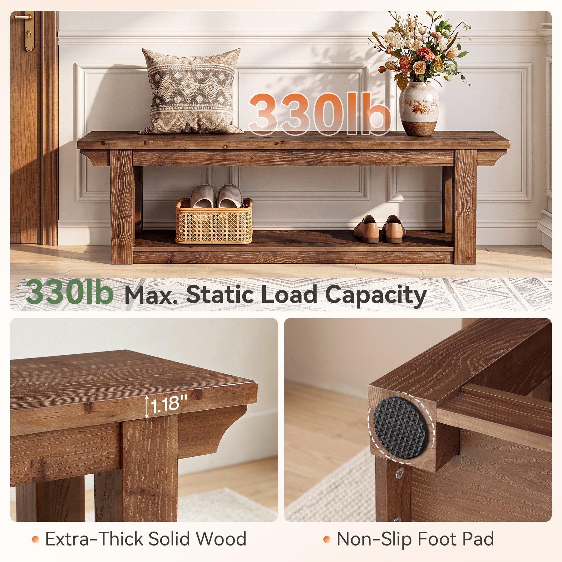 63" Entryway Shoe Storage Bench, Farmhouse Solid Wood 2-Tier, Hallway Bedroom