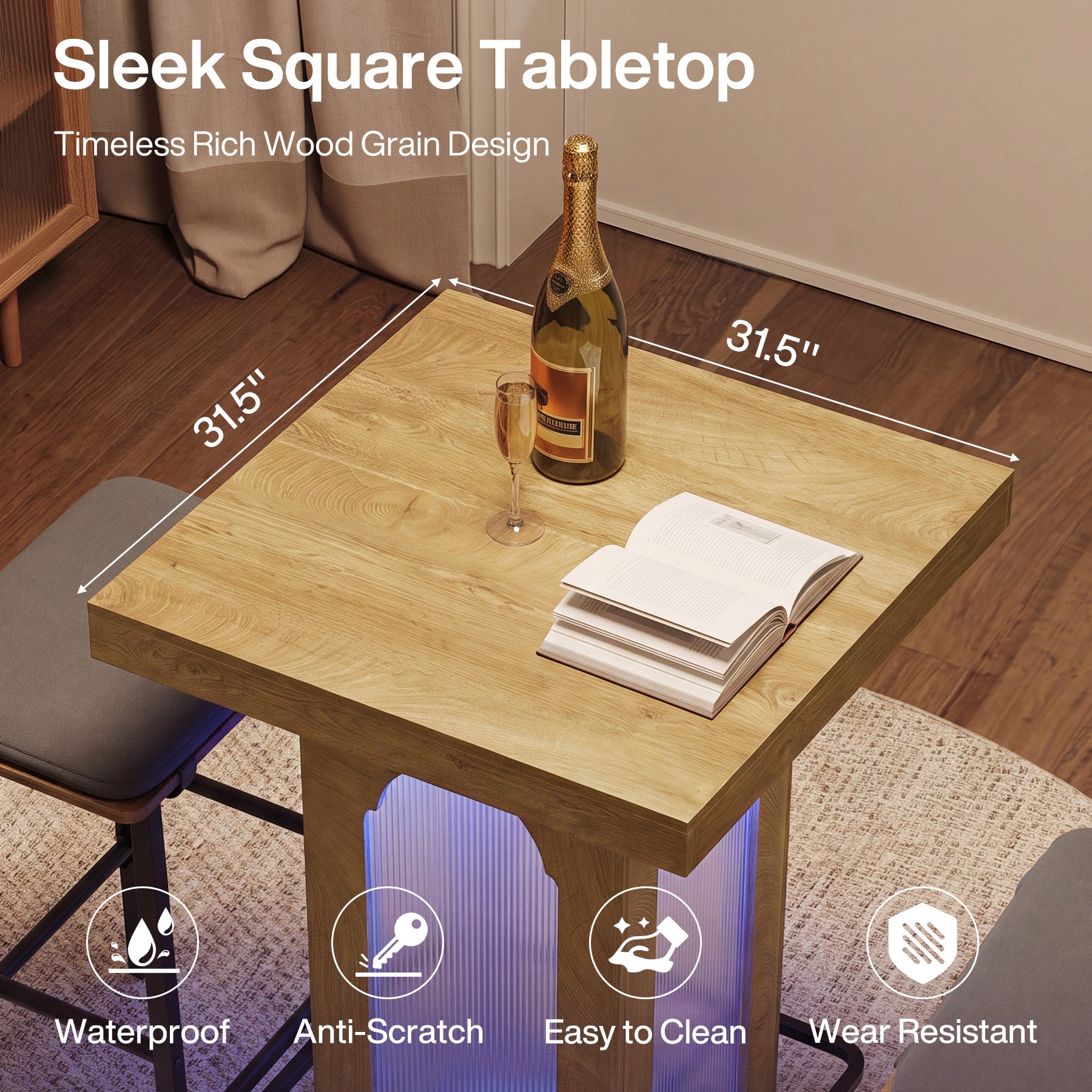 31.5" Square Bar Table, High Top Cocktail Pub Table with Led Lights for 2-4 People