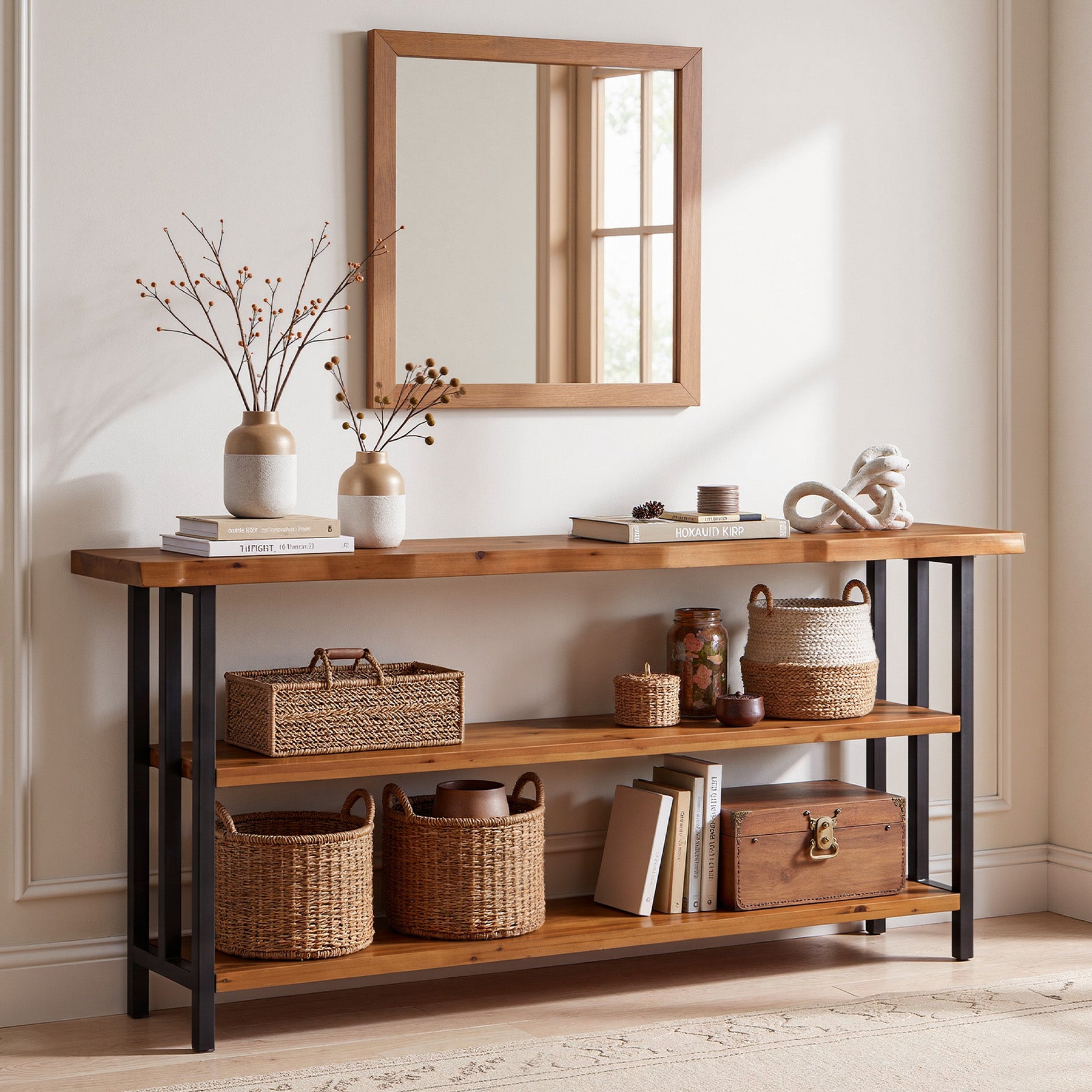 63" Live Edge Console Table, Farmhouse Solid Wood 3-Tier Shelves