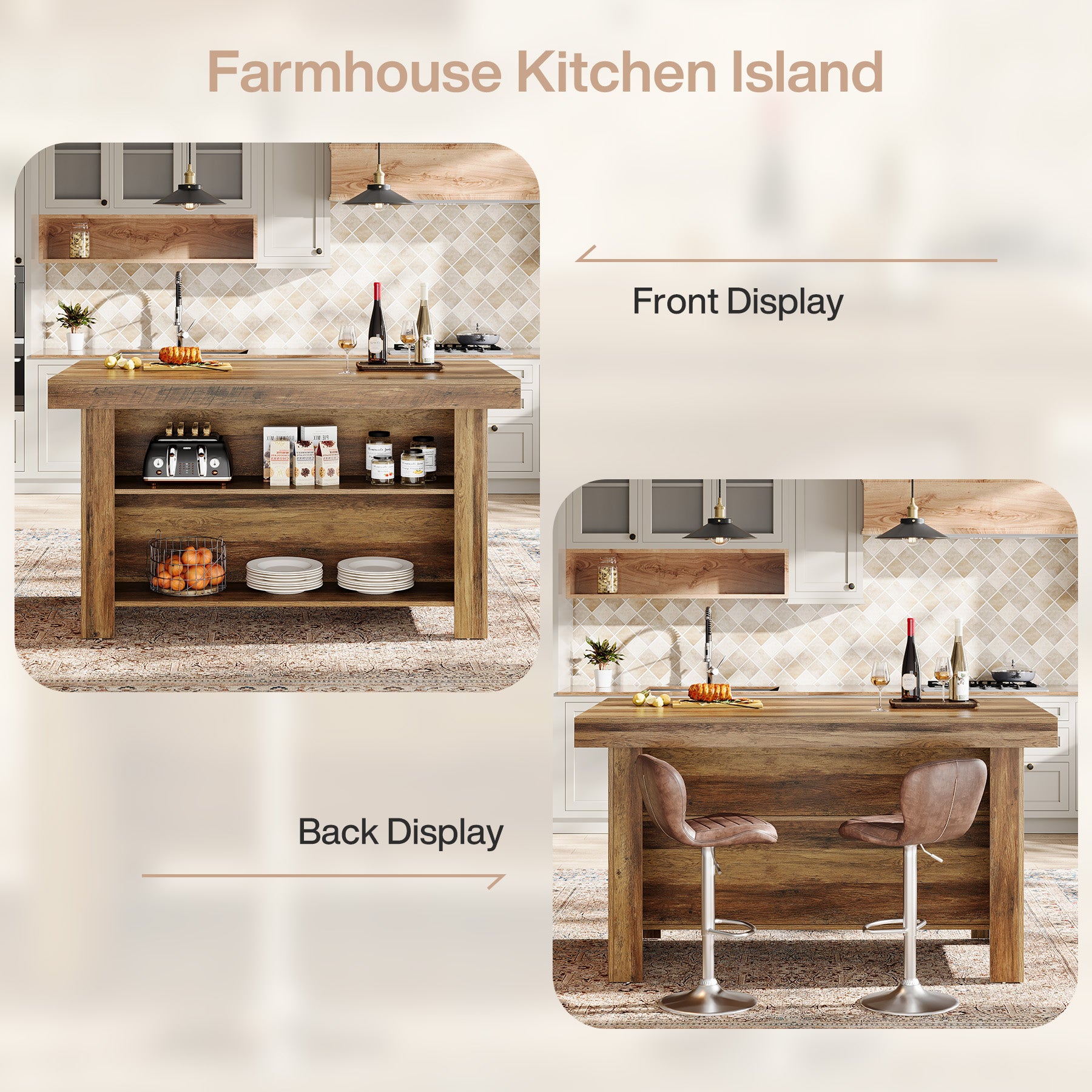 55" Kitchen Island, 3-Tier Island Table Counter Height Bar Table