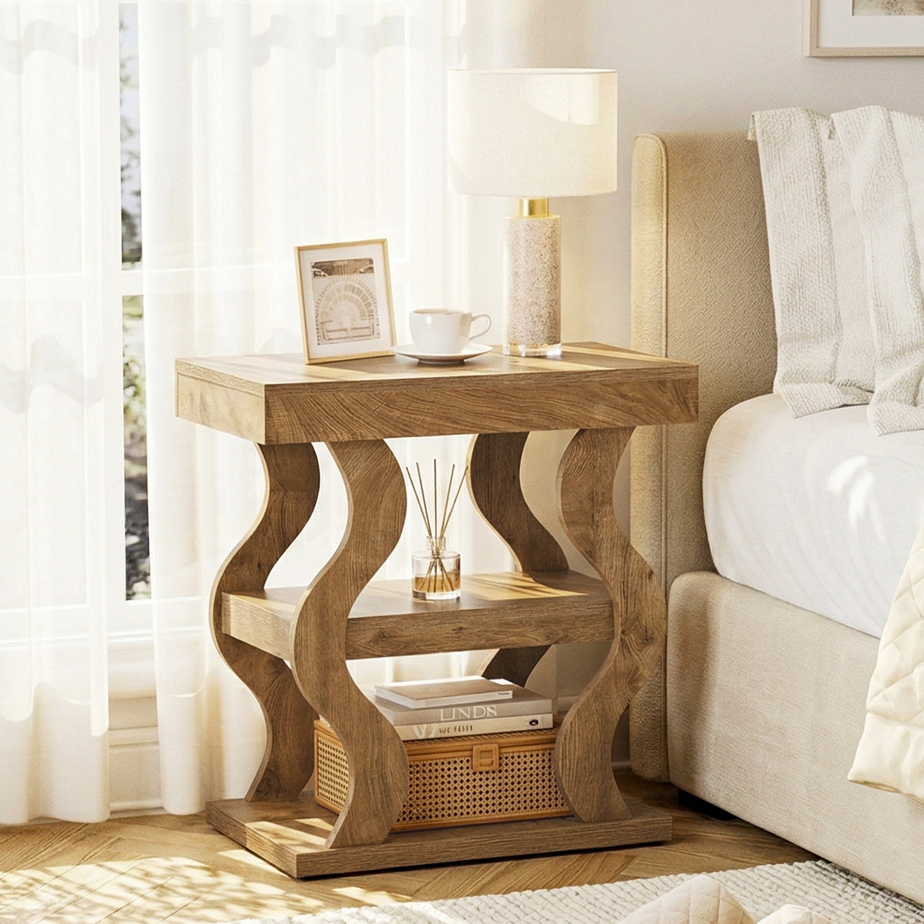 Tribesigns 3-Tier Wooden side Table, Skinny Small Nightstand for Living Room with Storage Shelf