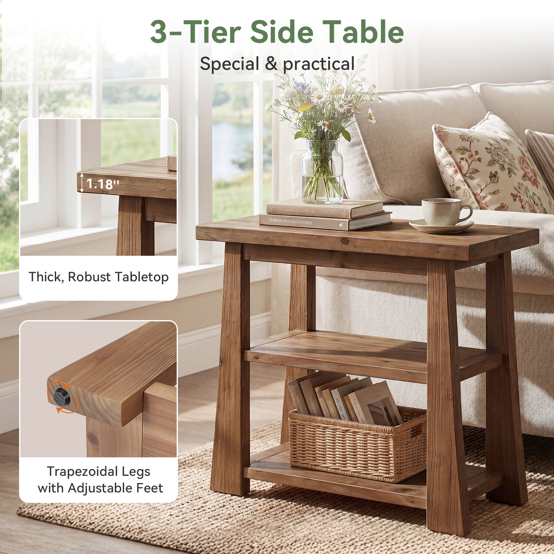 27.5" Wooden End Table, Narrow Nightstand with 3 Tier Storage Shelves for Living Room
